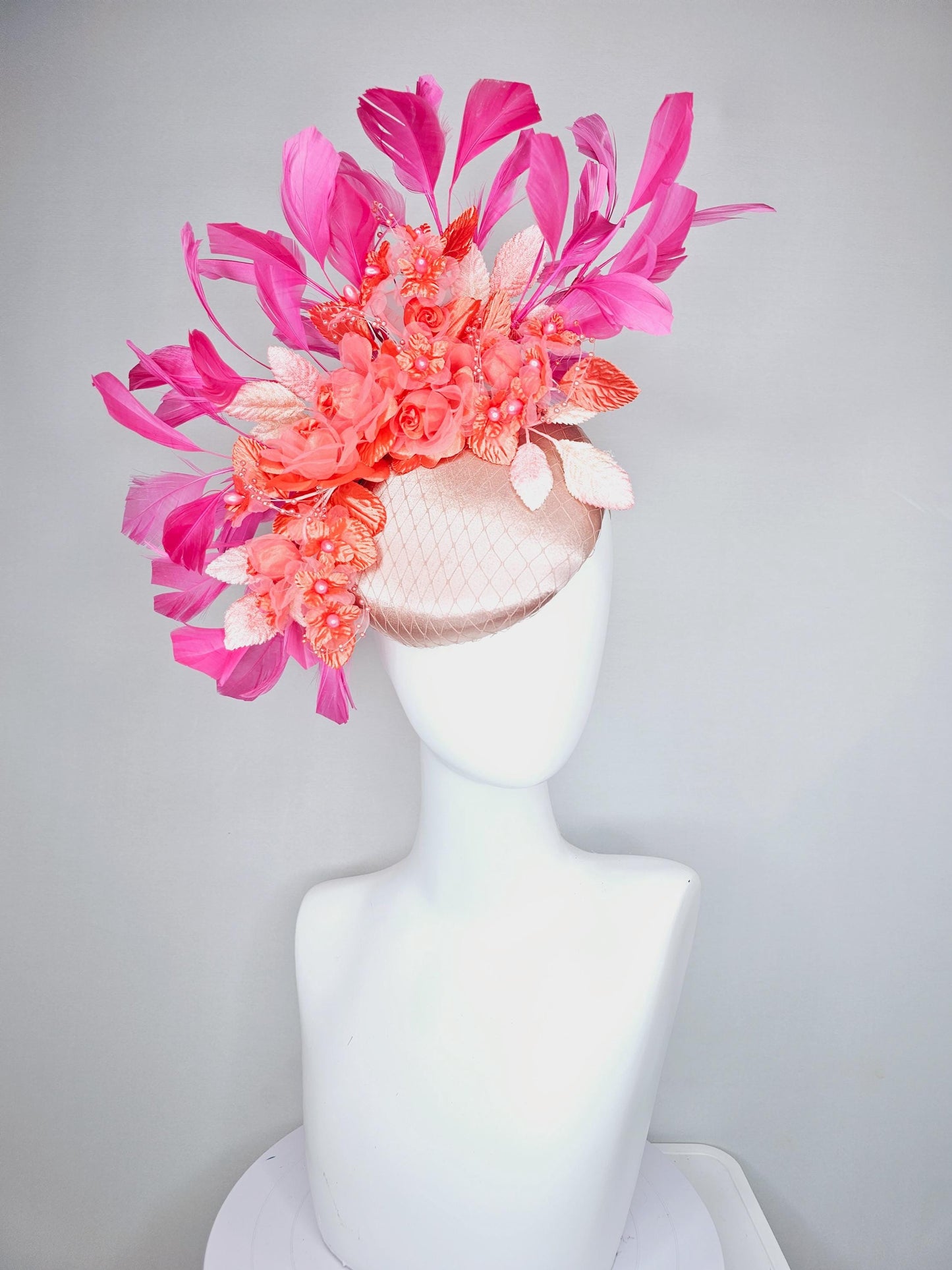 kentucky derby hat fascinator light pink satin with netting coral orange organza satin rose flowers orange light pink leaves, pink feather