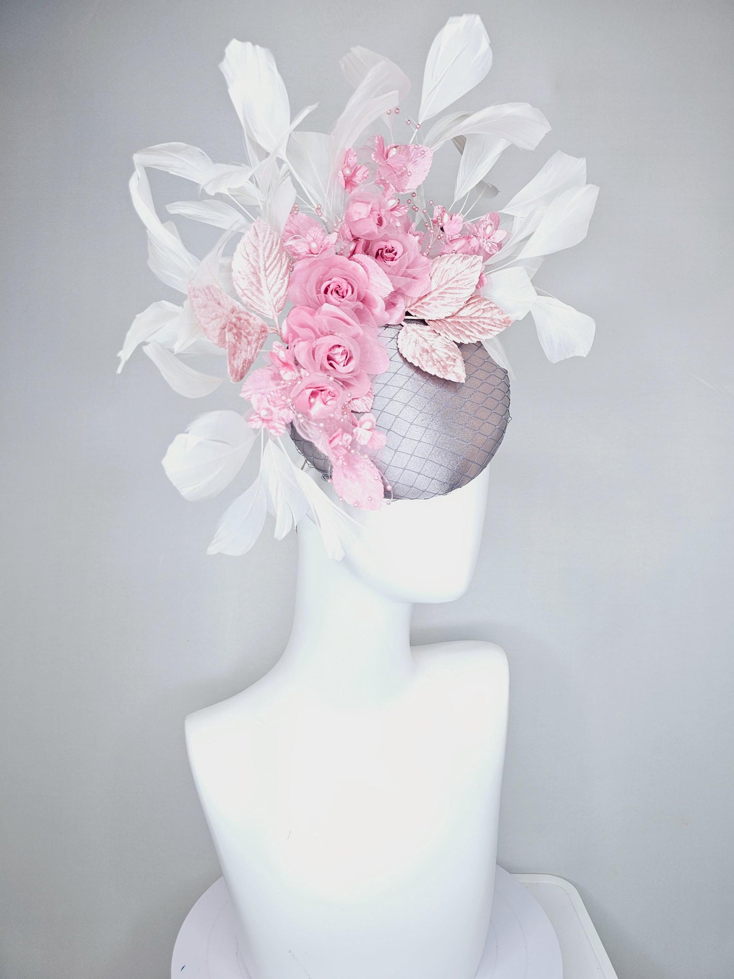 kentucky derby hat fascinator silver gray satin w/ netting, blush pink organza satin rose flowers,light pink leaves,white branching feathers