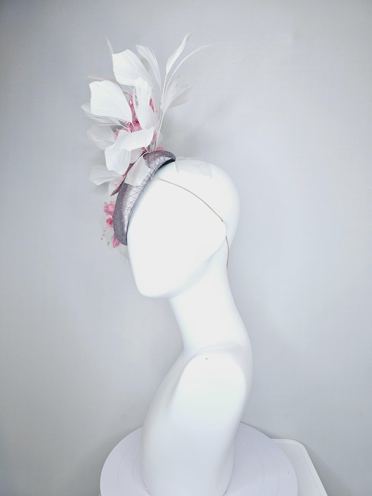 kentucky derby hat fascinator silver gray satin w/ netting, blush pink organza satin rose flowers,light pink leaves,white branching feathers