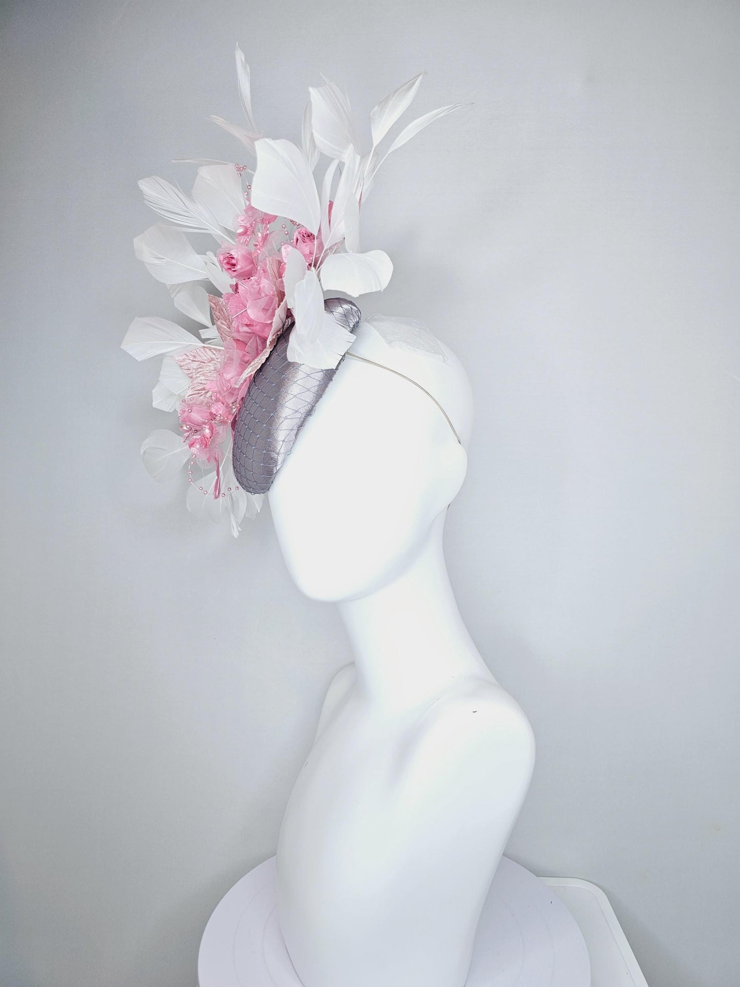 kentucky derby hat fascinator silver gray satin w/ netting, blush pink organza satin rose flowers,light pink leaves,white branching feathers