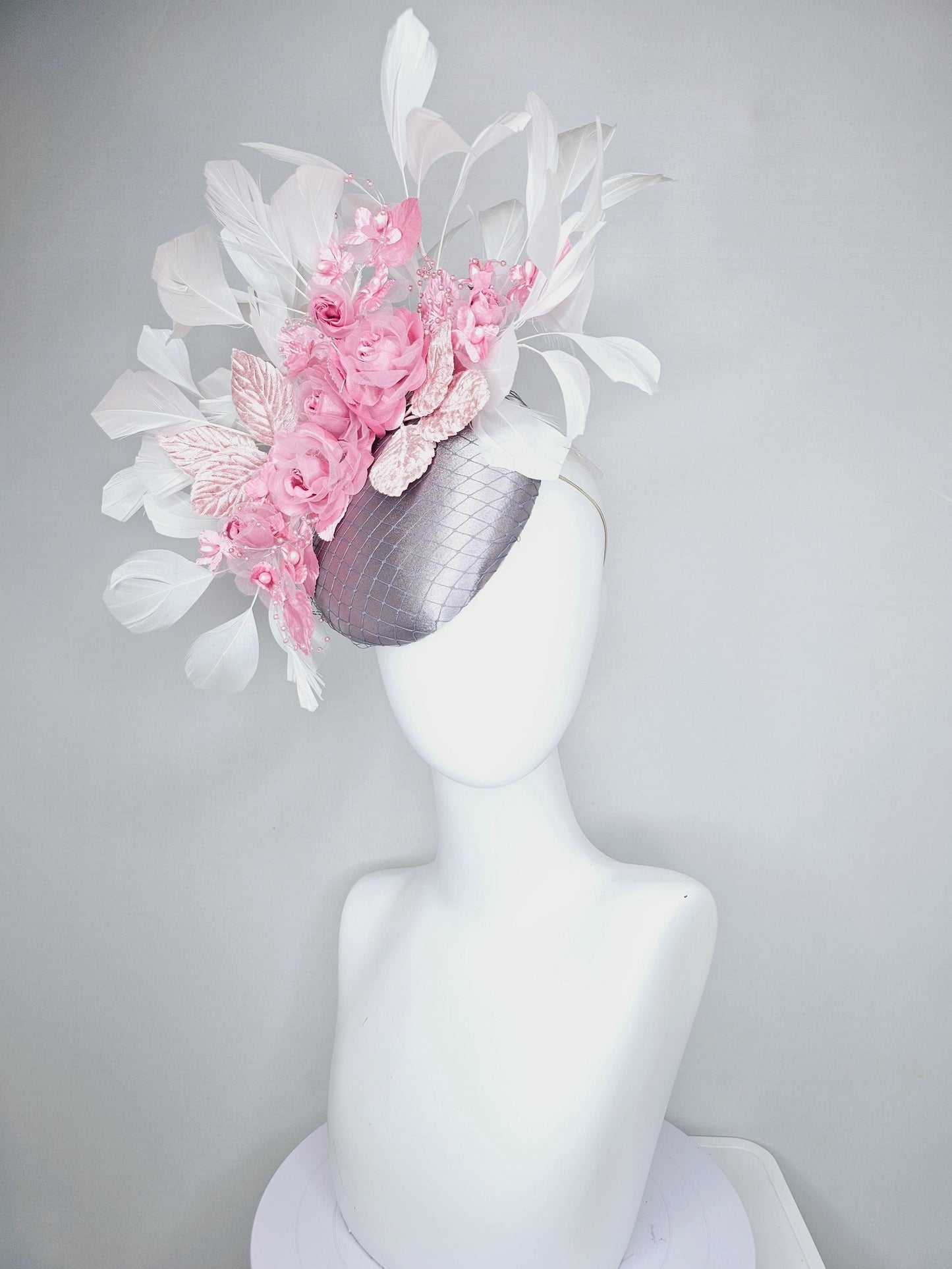 kentucky derby hat fascinator silver gray satin w/ netting, blush pink organza satin rose flowers,light pink leaves,white branching feathers