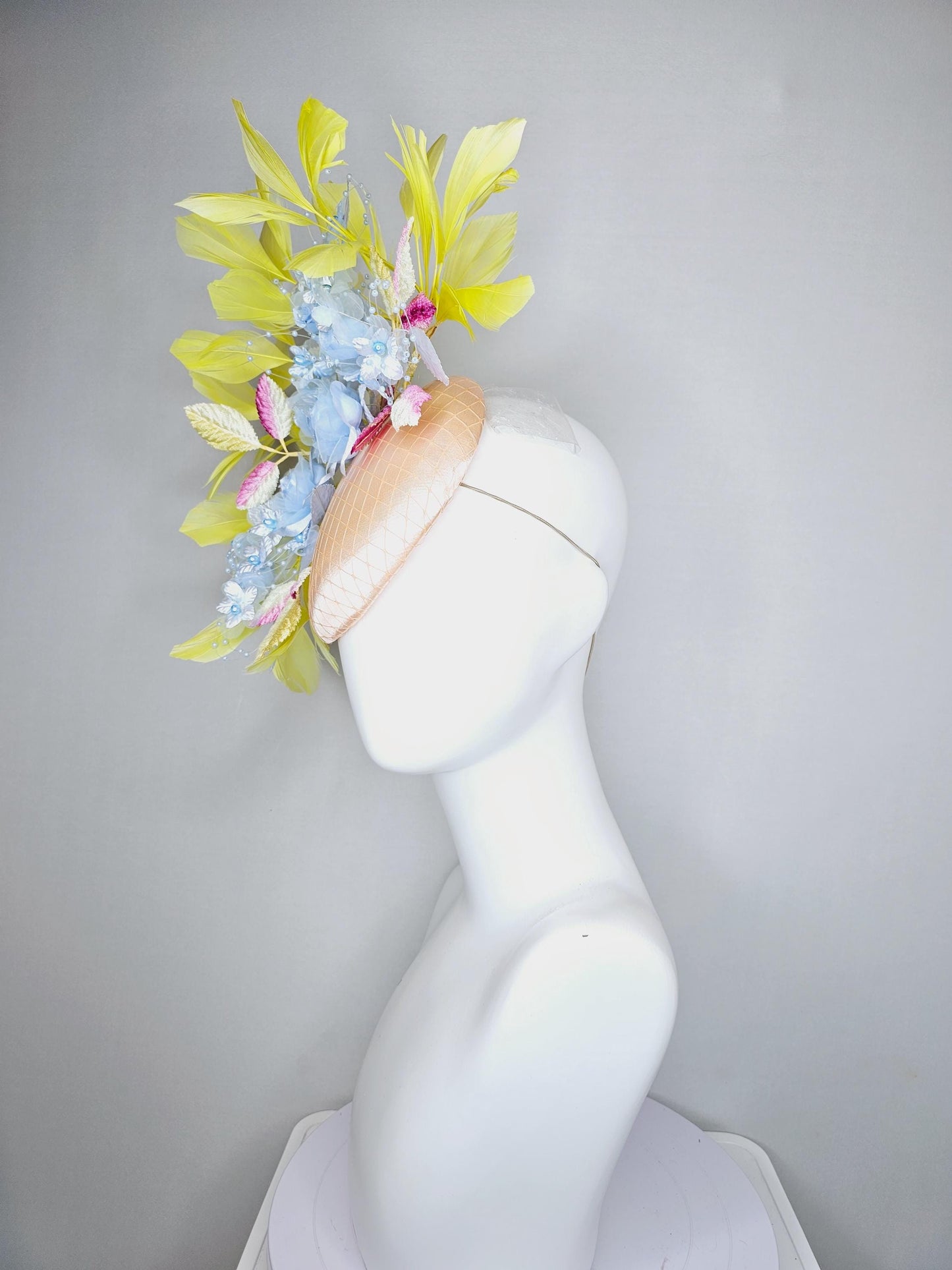 kentucky derby hat fascinator light pink champagne satin with netting, light blue organza satin flowers, ombre pink leaves, yellow feathers