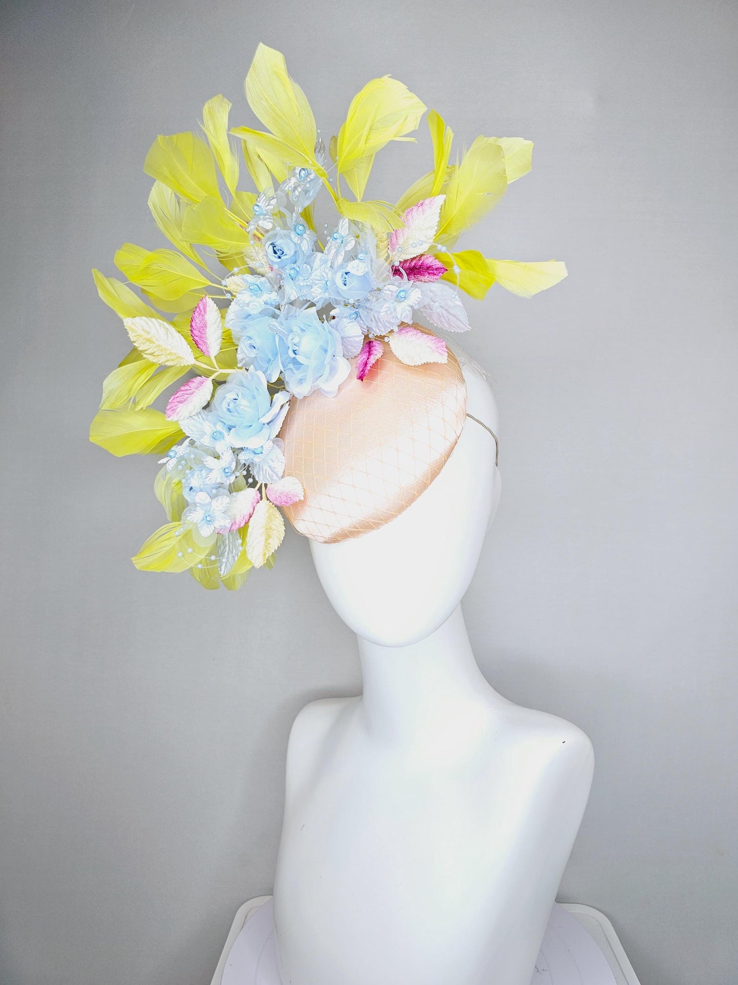 kentucky derby hat fascinator light pink champagne satin with netting, light blue organza satin flowers, ombre pink leaves, yellow feathers
