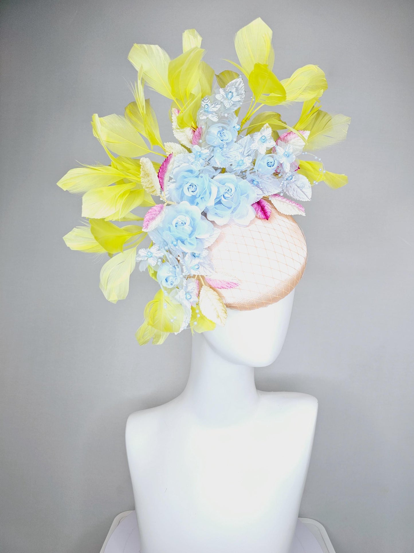 kentucky derby hat fascinator light pink champagne satin with netting, light blue organza satin flowers, ombre pink leaves, yellow feathers
