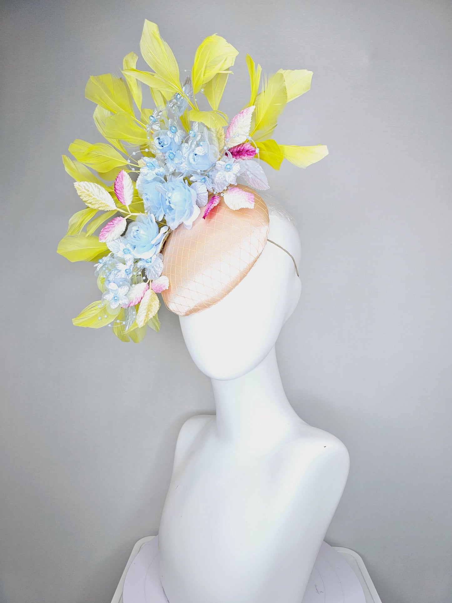 kentucky derby hat fascinator light pink champagne satin with netting, light blue organza satin flowers, ombre pink leaves, yellow feathers