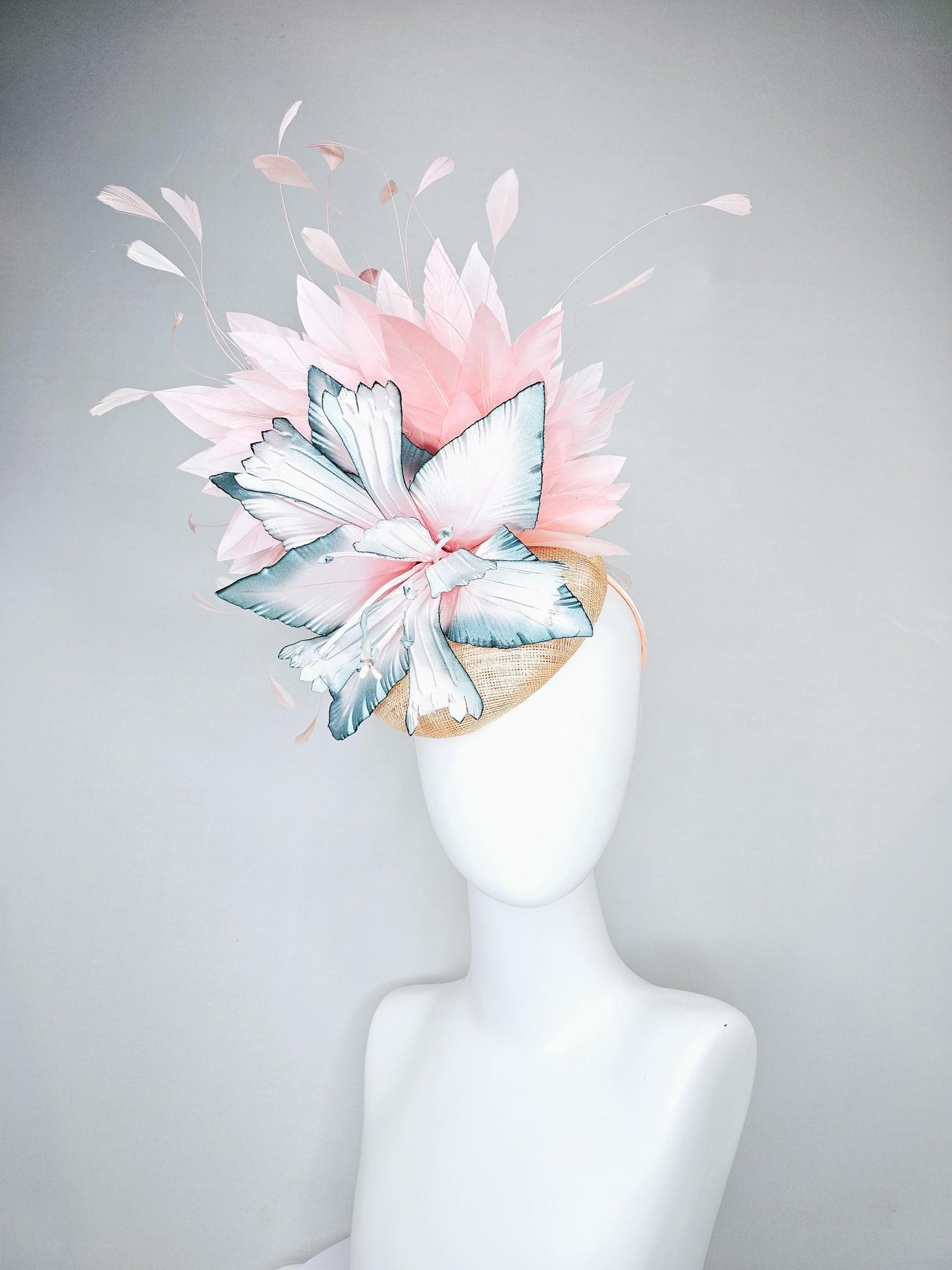 kentucky derby hat fascinator champagne neutral sinamay ombre teal blue satin silk flower baby pink branching feathers neutral sinamay bow