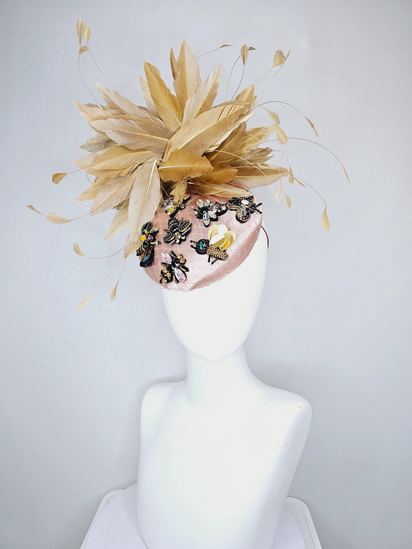 kentucky derby hat fascinator champagne satin with netting and black gold silver crystal rhinestone beaded bees,brown tan gold feathers