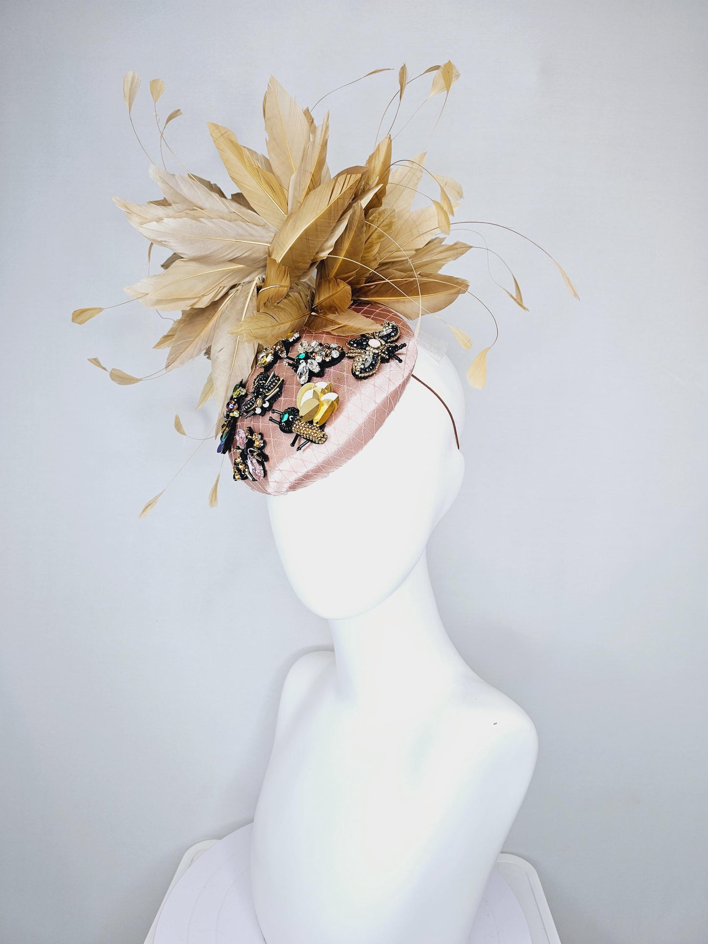 kentucky derby hat fascinator champagne satin with netting and black gold silver crystal rhinestone beaded bees,brown tan gold feathers