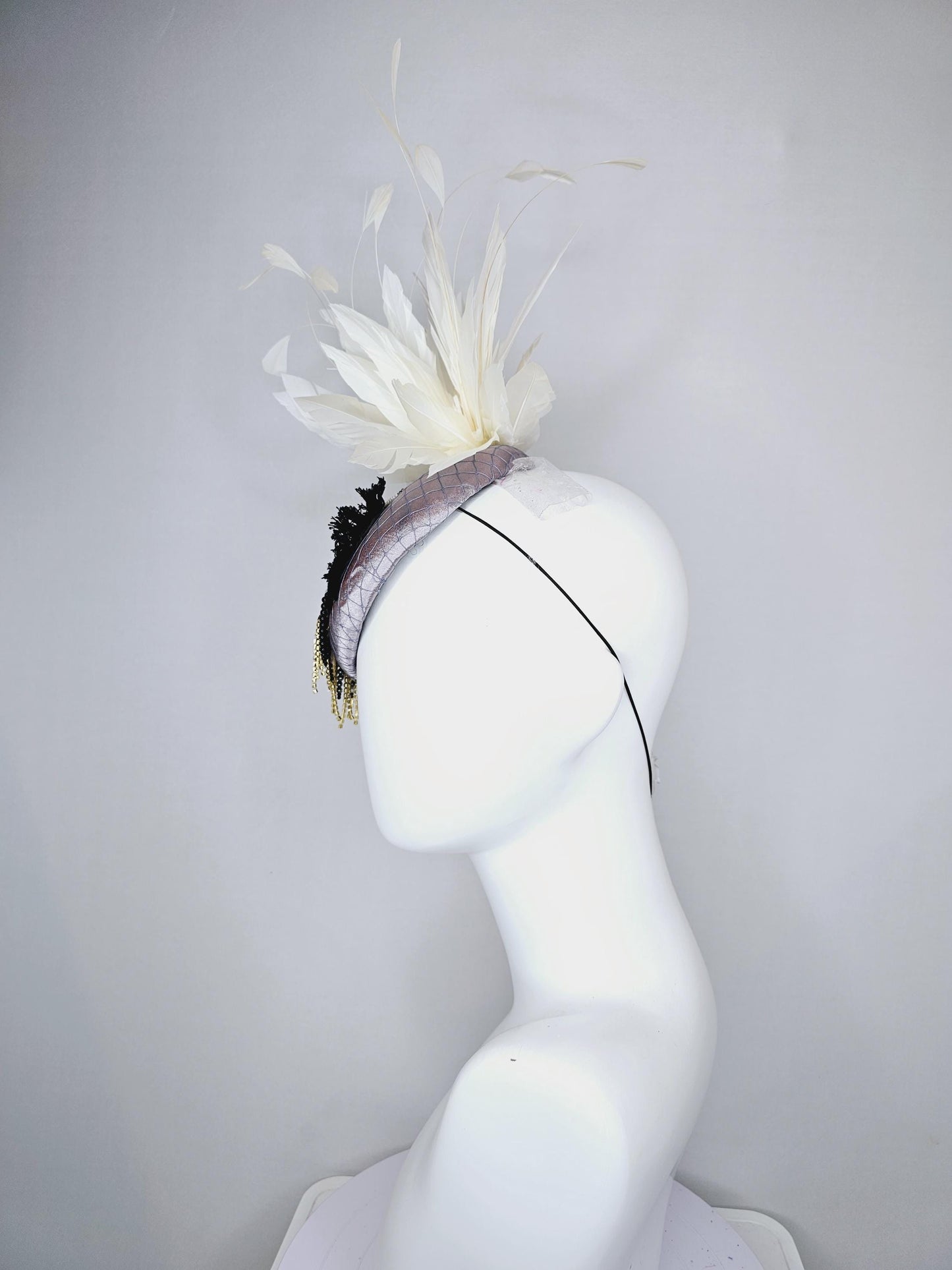 kentucky derby hat fascinator gray satin with netting and black gold silver pearl crystal rhinestone beaded horse,white branching feathers