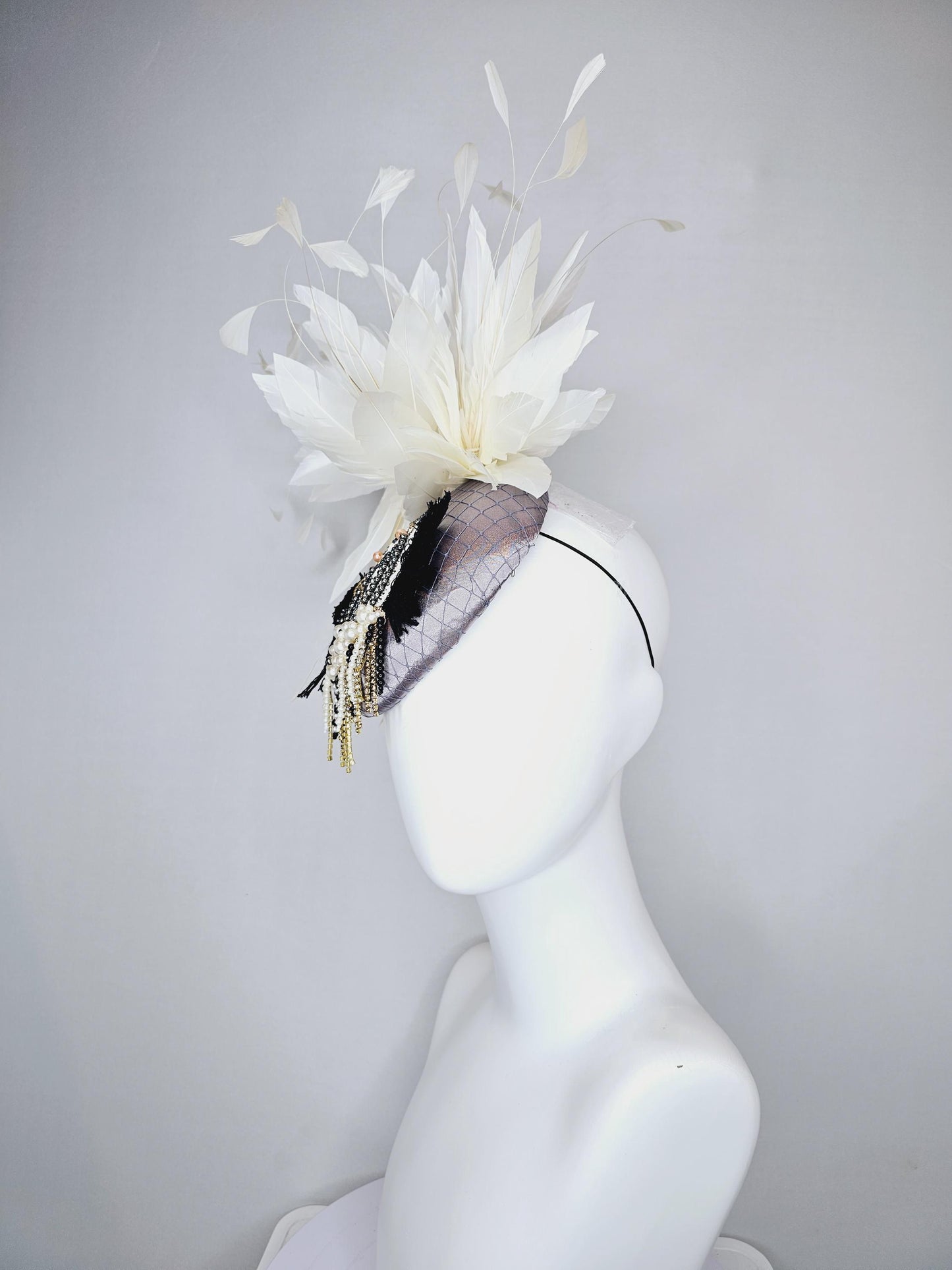 kentucky derby hat fascinator gray satin with netting and black gold silver pearl crystal rhinestone beaded horse,white branching feathers