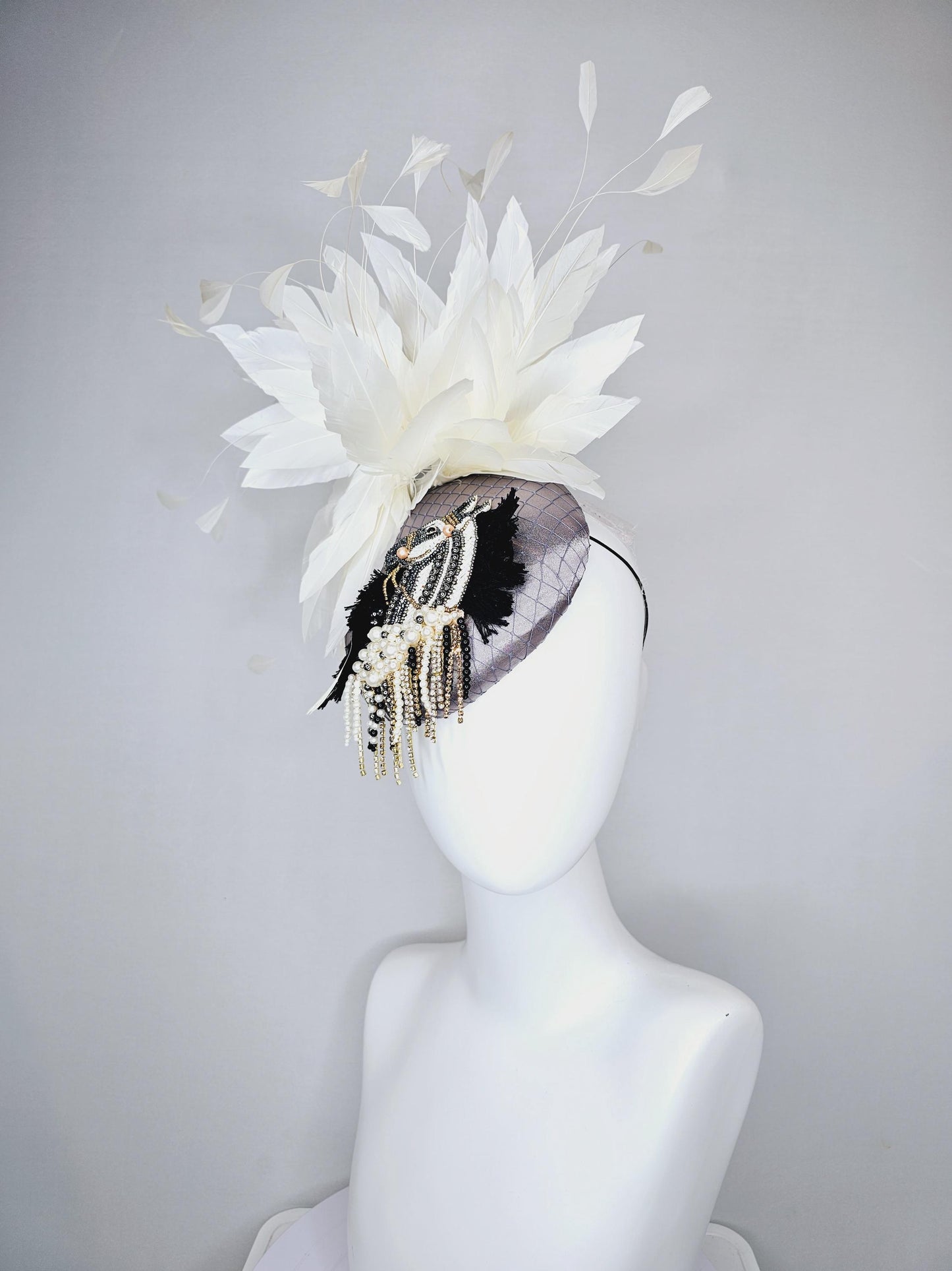 kentucky derby hat fascinator gray satin with netting and black gold silver pearl crystal rhinestone beaded horse,white branching feathers