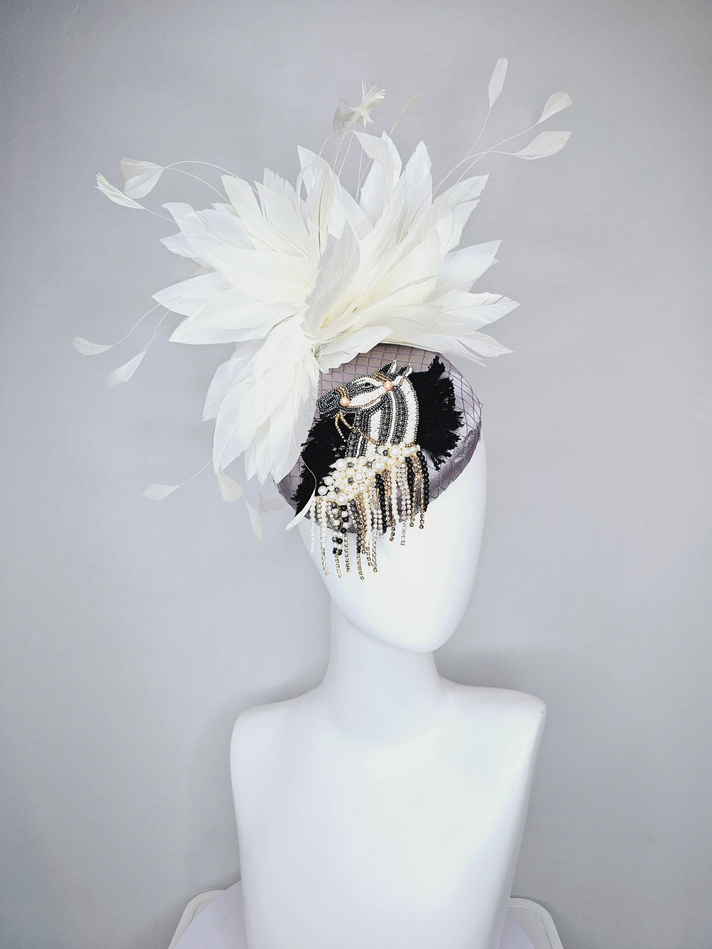 kentucky derby hat fascinator gray satin with netting and black gold silver pearl crystal rhinestone beaded horse,white branching feathers