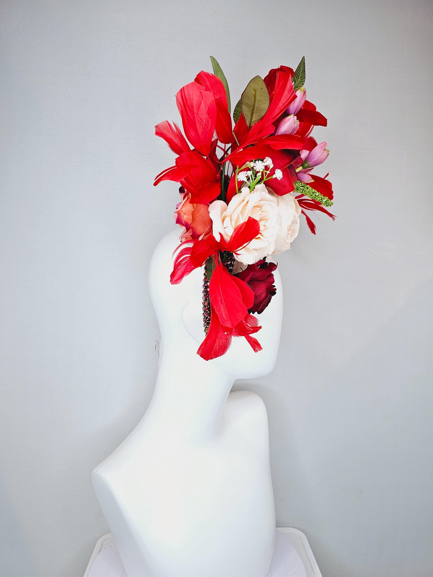 kentucky derby hat fascinator iridescent red wine crystal headband, light pink red burgundy rose flowers, green leaves,red cherry feathers