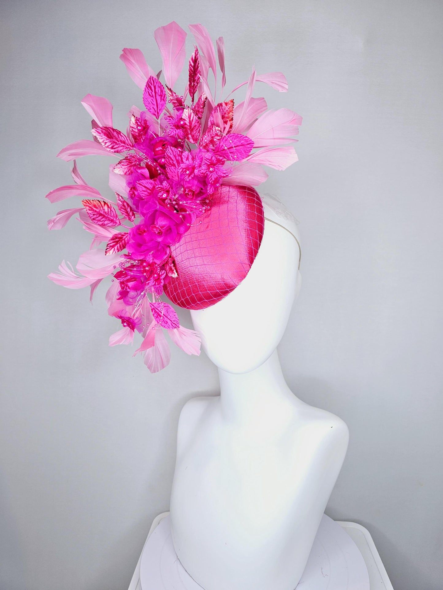 kentucky derby hat fascinator pink satin w/netting,bright pink fuchsia organza satin flowers,ombre pink leaves,blush pink branching feathers