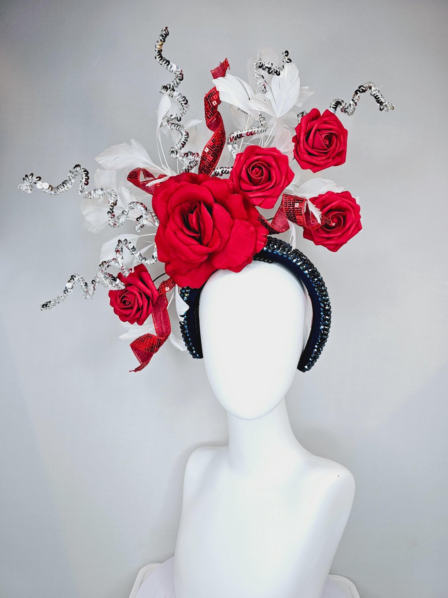 kentucky derby hat fascinator iridescent dark navy blue crystal headband red rose flowers white feather ssilver sequin curls
