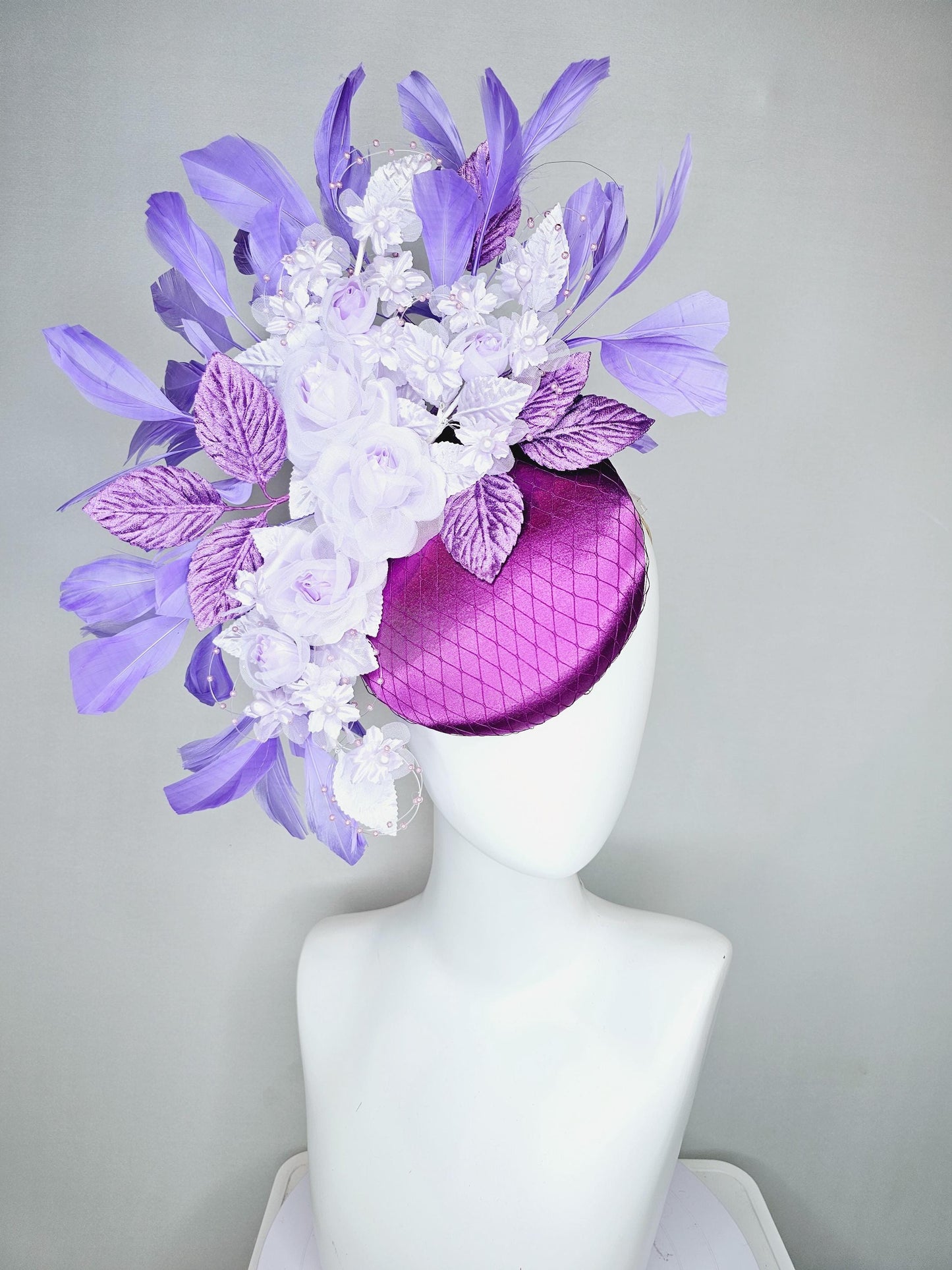 kentucky derby hat fascinator violet purple satin with netting light purple organza satin flowers purple leaves lavender branching feathers