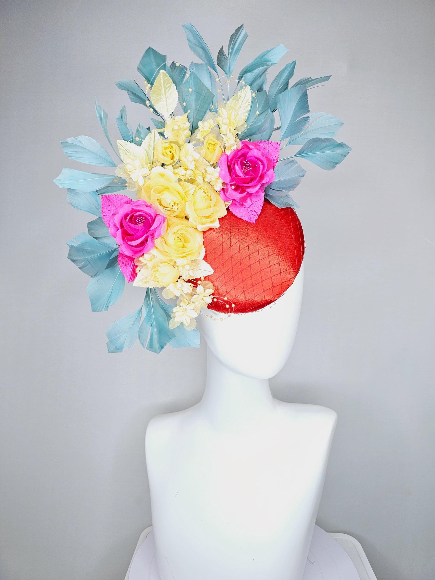kentucky derby hat fascinator red satin with netting, pink yellow organza satin rose flowers,pink yellow leaves,teal blue branching feathers