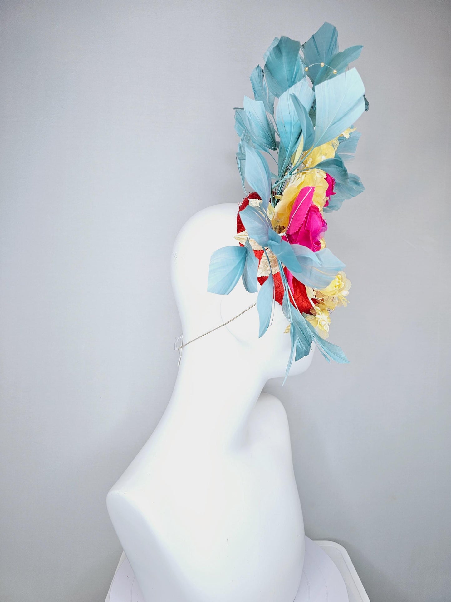 kentucky derby hat fascinator red satin with netting, pink yellow organza satin rose flowers,pink yellow leaves,teal blue branching feathers