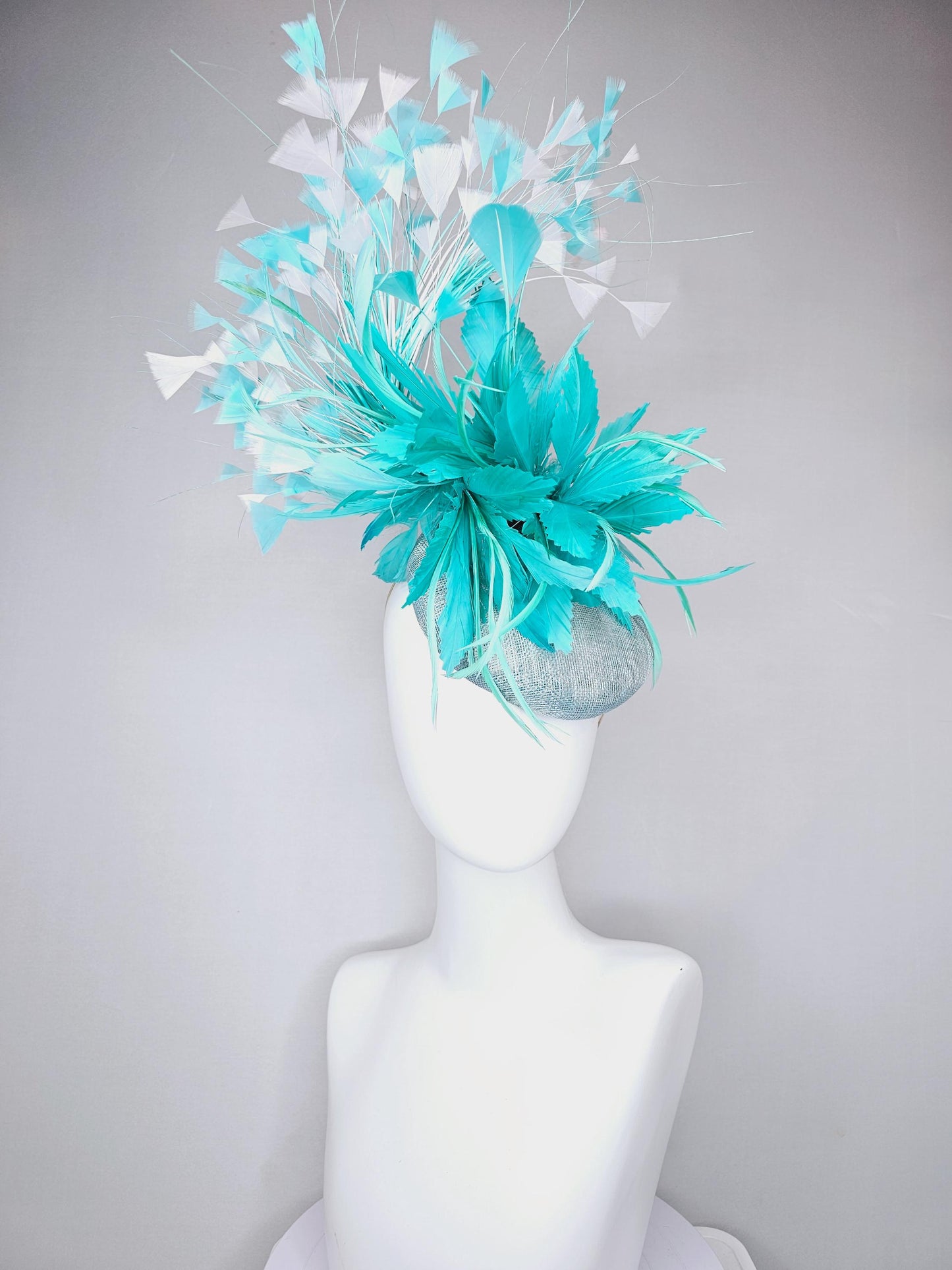 kentucky derby hat fascinator light blue sinamay, fluffy turquoise blue mint green zigzag feather flower, white blue branching feathers