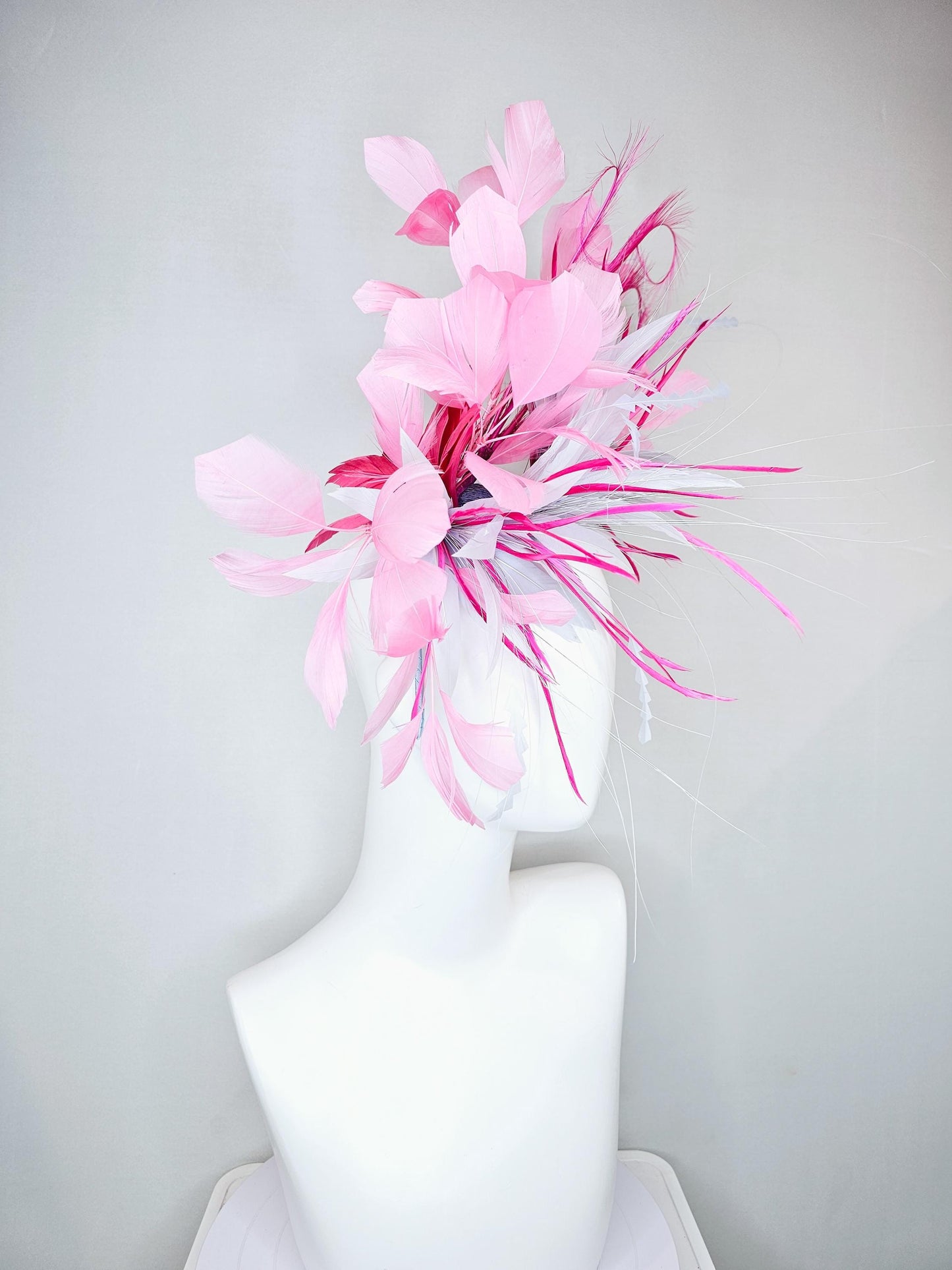 kentucky derby hat fascinator light purple lavender and pink feather flower, light purple lavender zigzag feathers, blush pink feathers