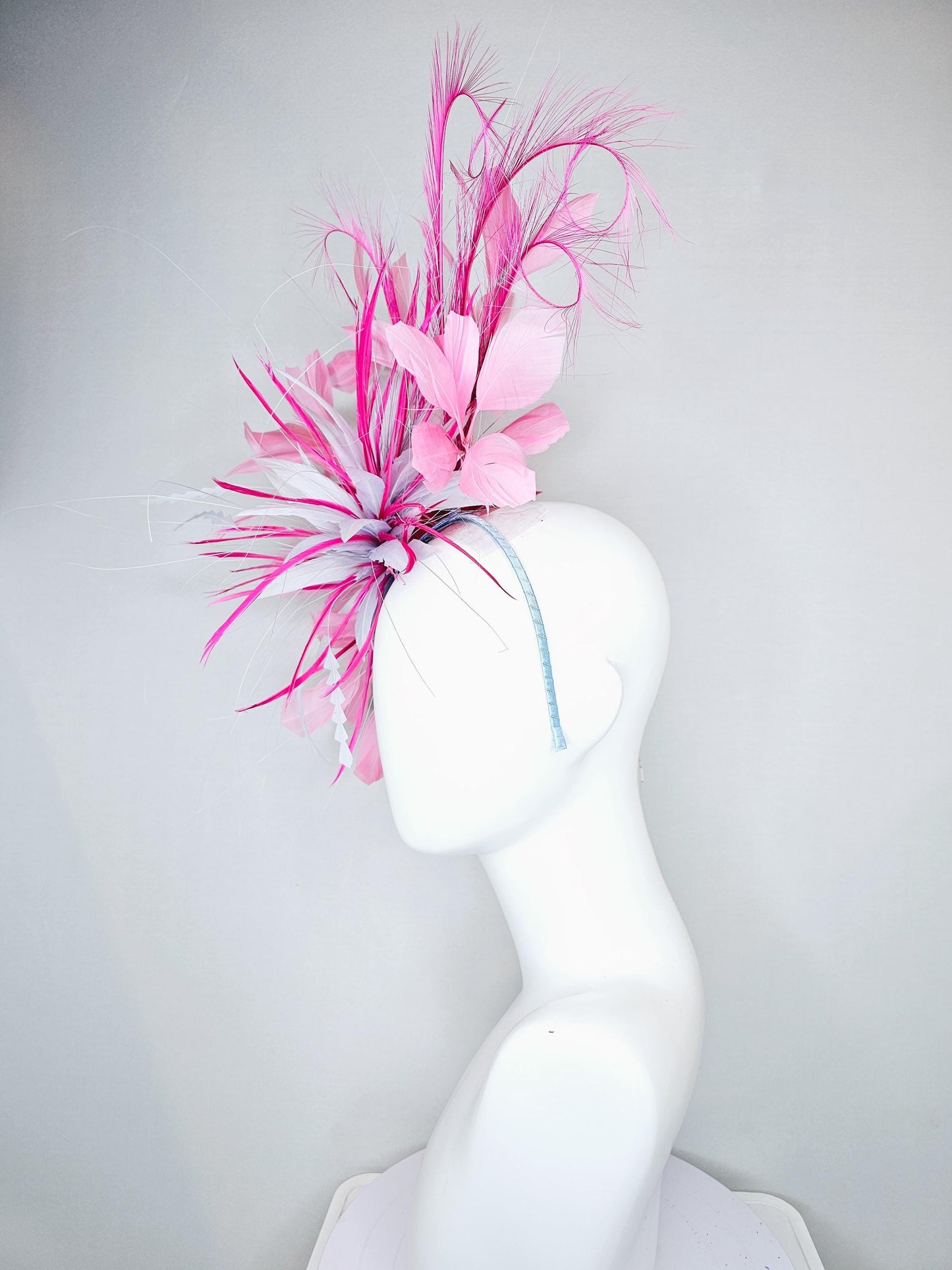 kentucky derby hat fascinator light purple lavender and pink feather flower, light purple lavender zigzag feathers, blush pink feathers