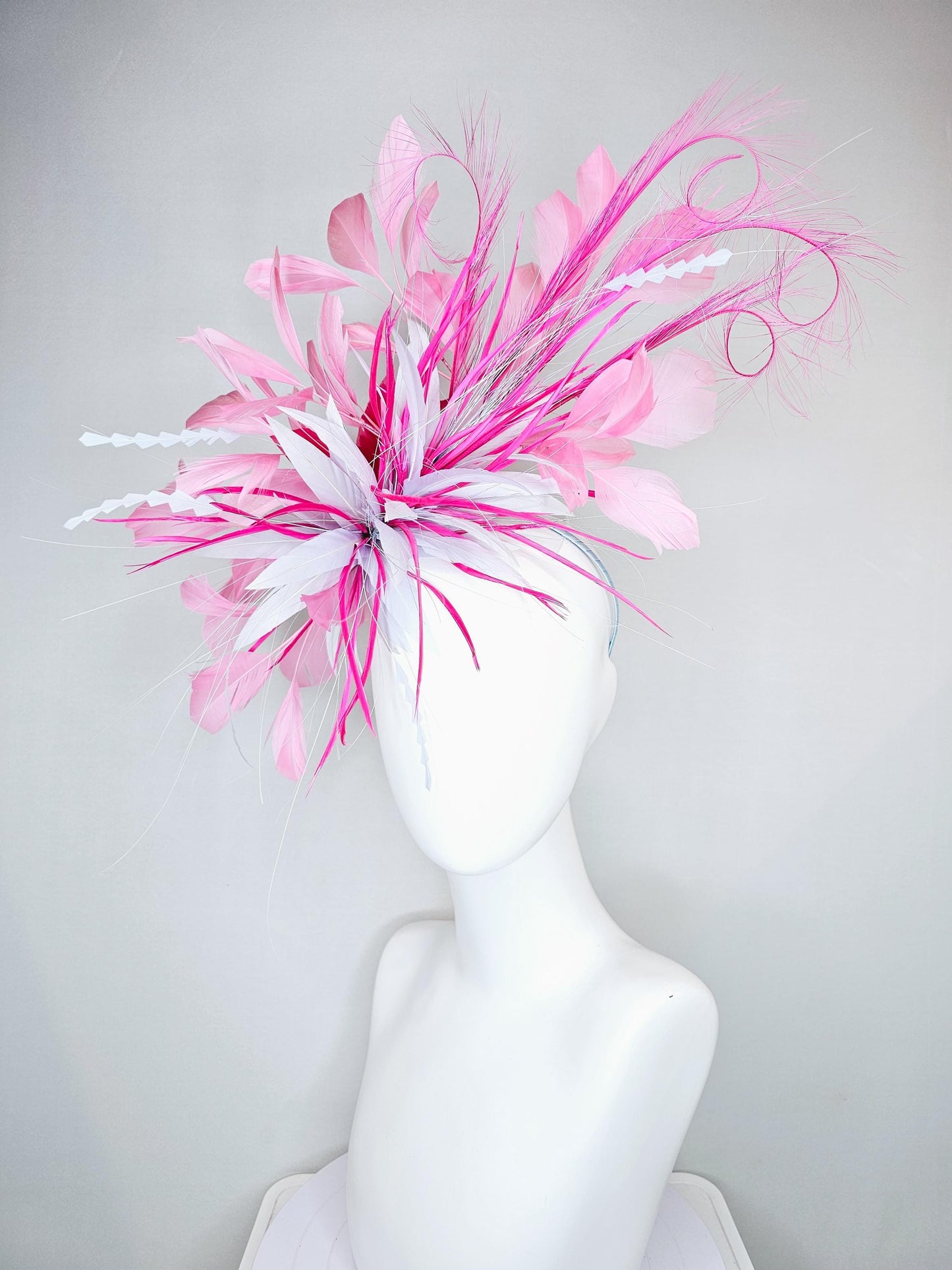 kentucky derby hat fascinator light purple lavender and pink feather flower, light purple lavender zigzag feathers, blush pink feathers