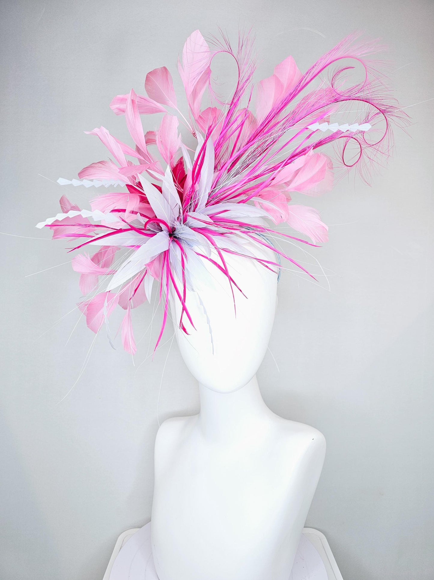 kentucky derby hat fascinator light purple lavender and pink feather flower, light purple lavender zigzag feathers, blush pink feathers