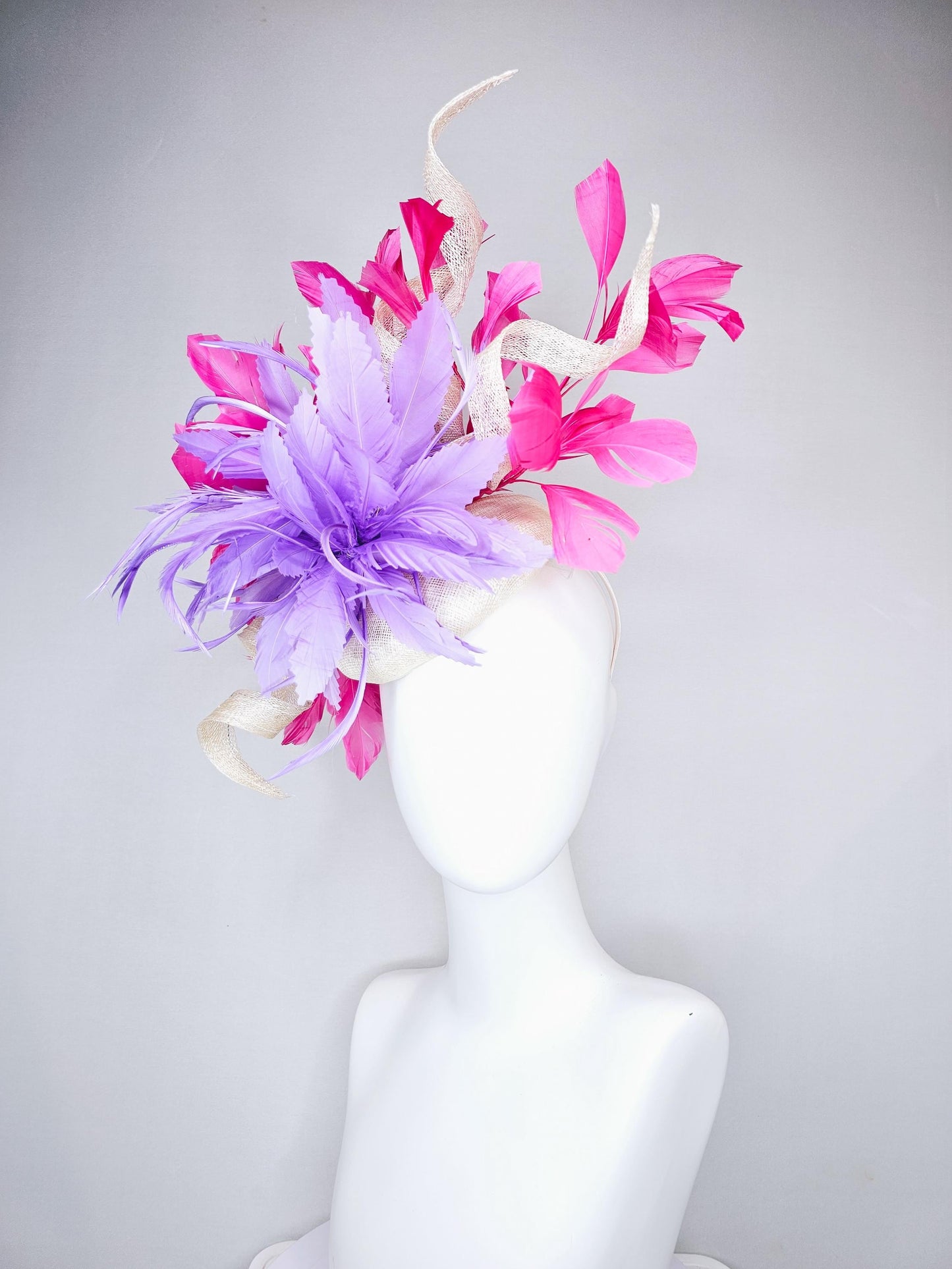 kentucky derby hat fascinator ivory white sinamay with large curls,lavender purple feather flower and bright pink branching feathers