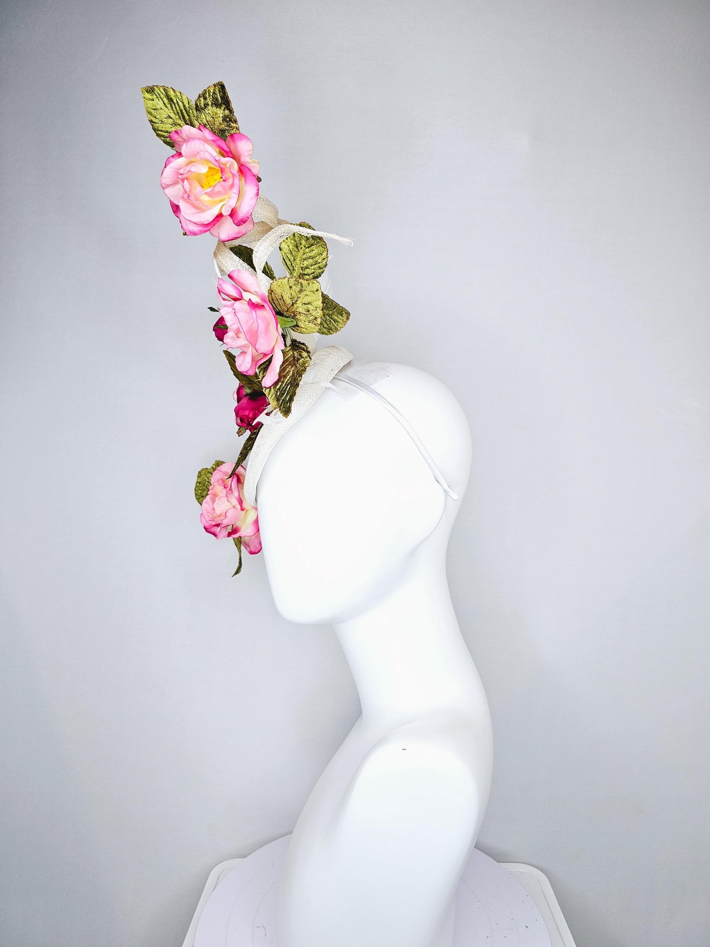 kentucky derby hat fascinator ivory white sinamay with large curls,green velvet leaves with ombre pink rose flowers with white feathers