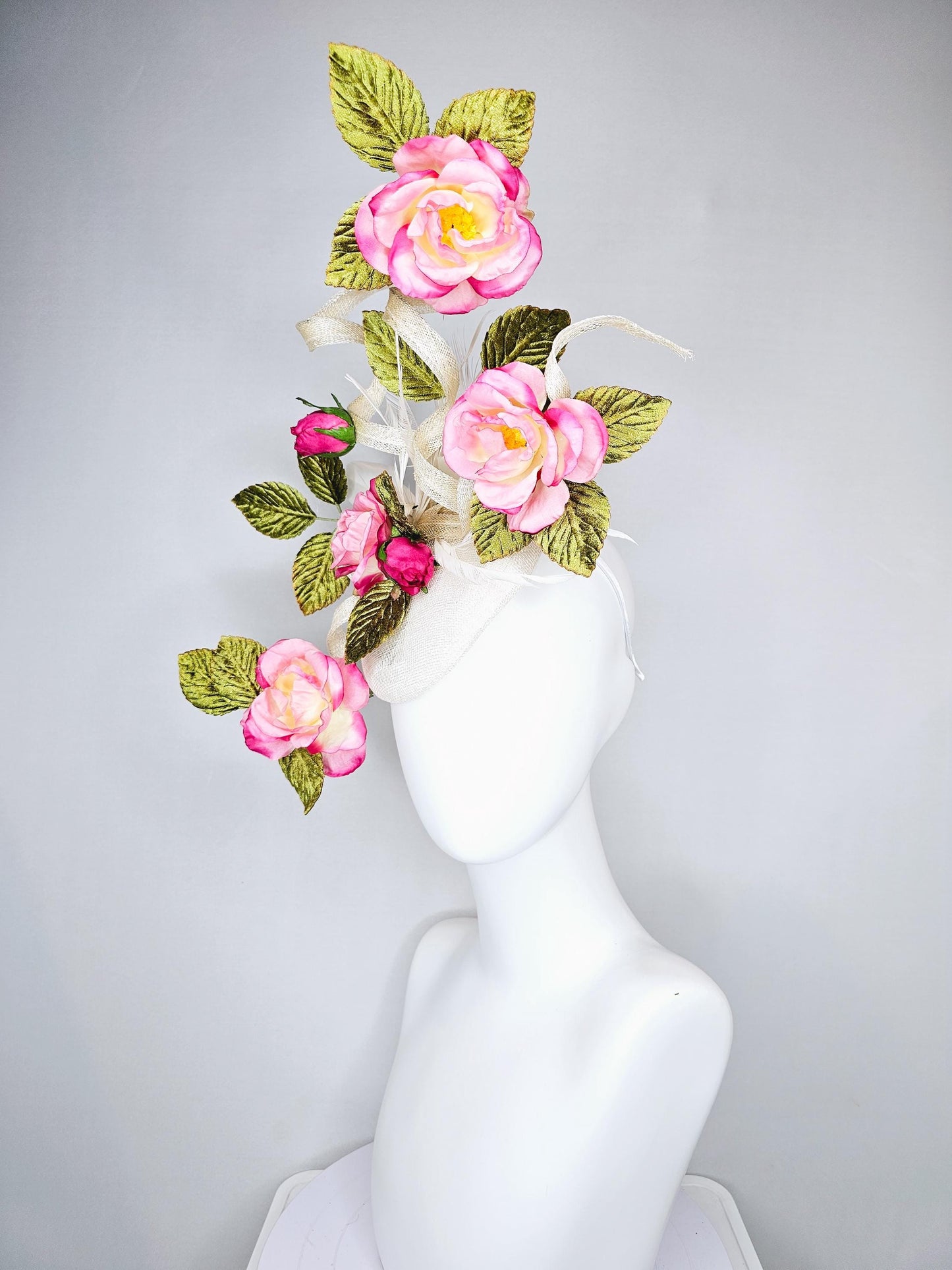 kentucky derby hat fascinator ivory white sinamay with large curls,green velvet leaves with ombre pink rose flowers with white feathers