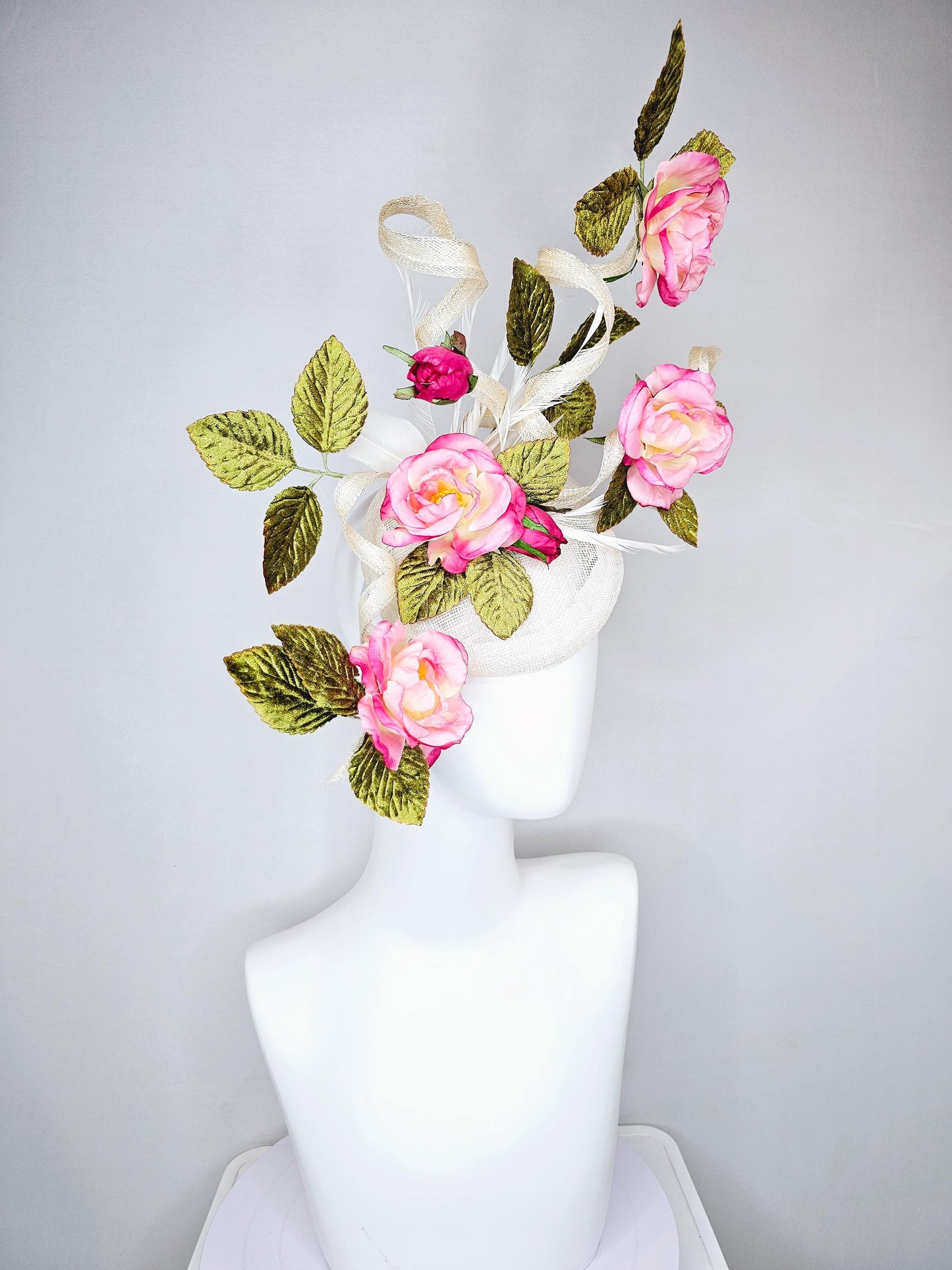 kentucky derby hat fascinator ivory white sinamay with large curls,green velvet leaves with ombre pink rose flowers with white feathers