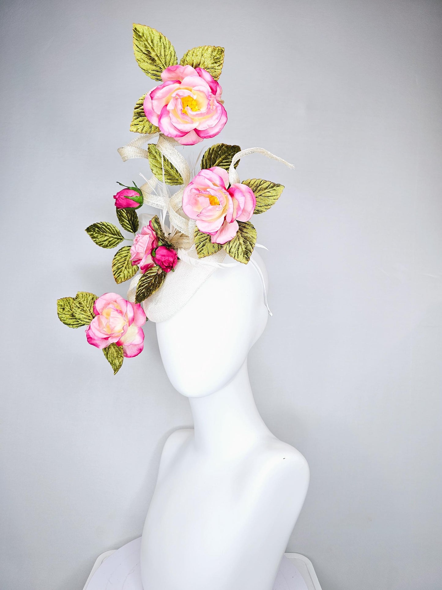 kentucky derby hat fascinator ivory white sinamay with large curls,green velvet leaves with ombre pink rose flowers with white feathers