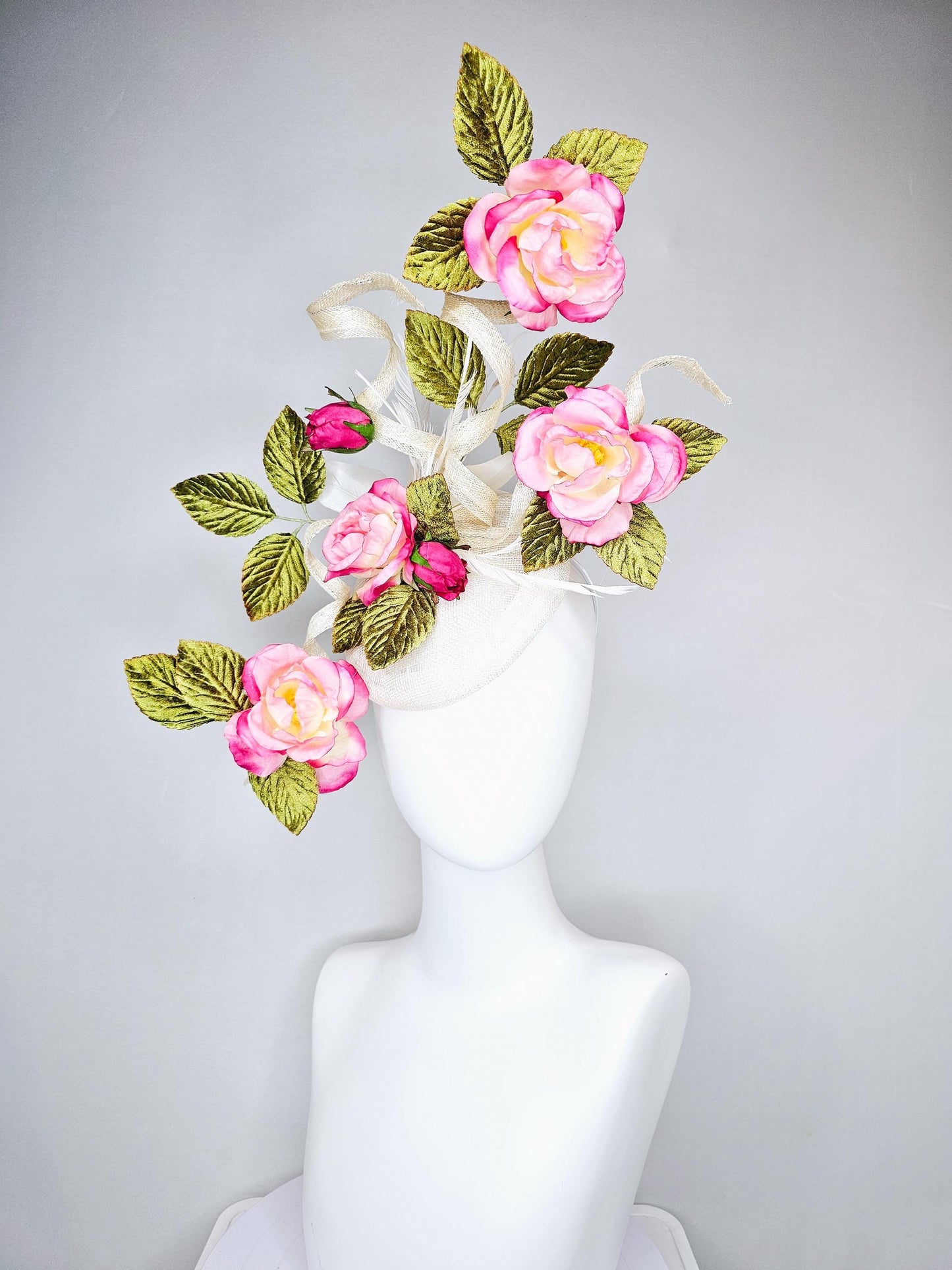 kentucky derby hat fascinator ivory white sinamay with large curls,green velvet leaves with ombre pink rose flowers with white feathers