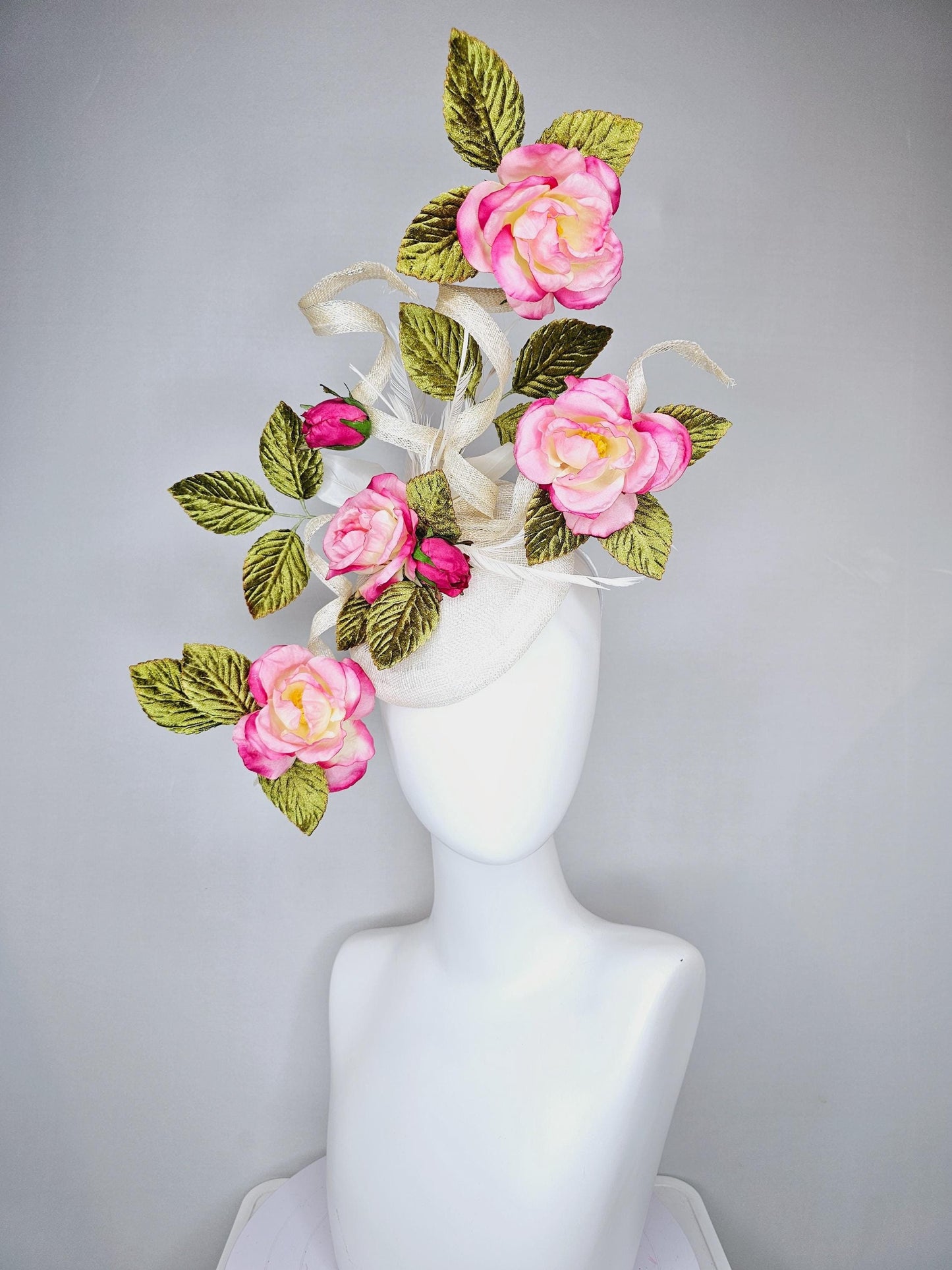 kentucky derby hat fascinator ivory white sinamay with large curls,green velvet leaves with ombre pink rose flowers with white feathers