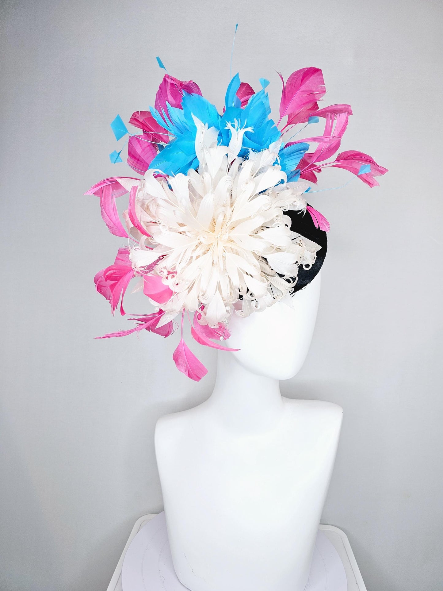 kentucky derby hat fascinator black satin with netting,ivory white curly feather flower w/ pearl strings,blue and pink branching feathers