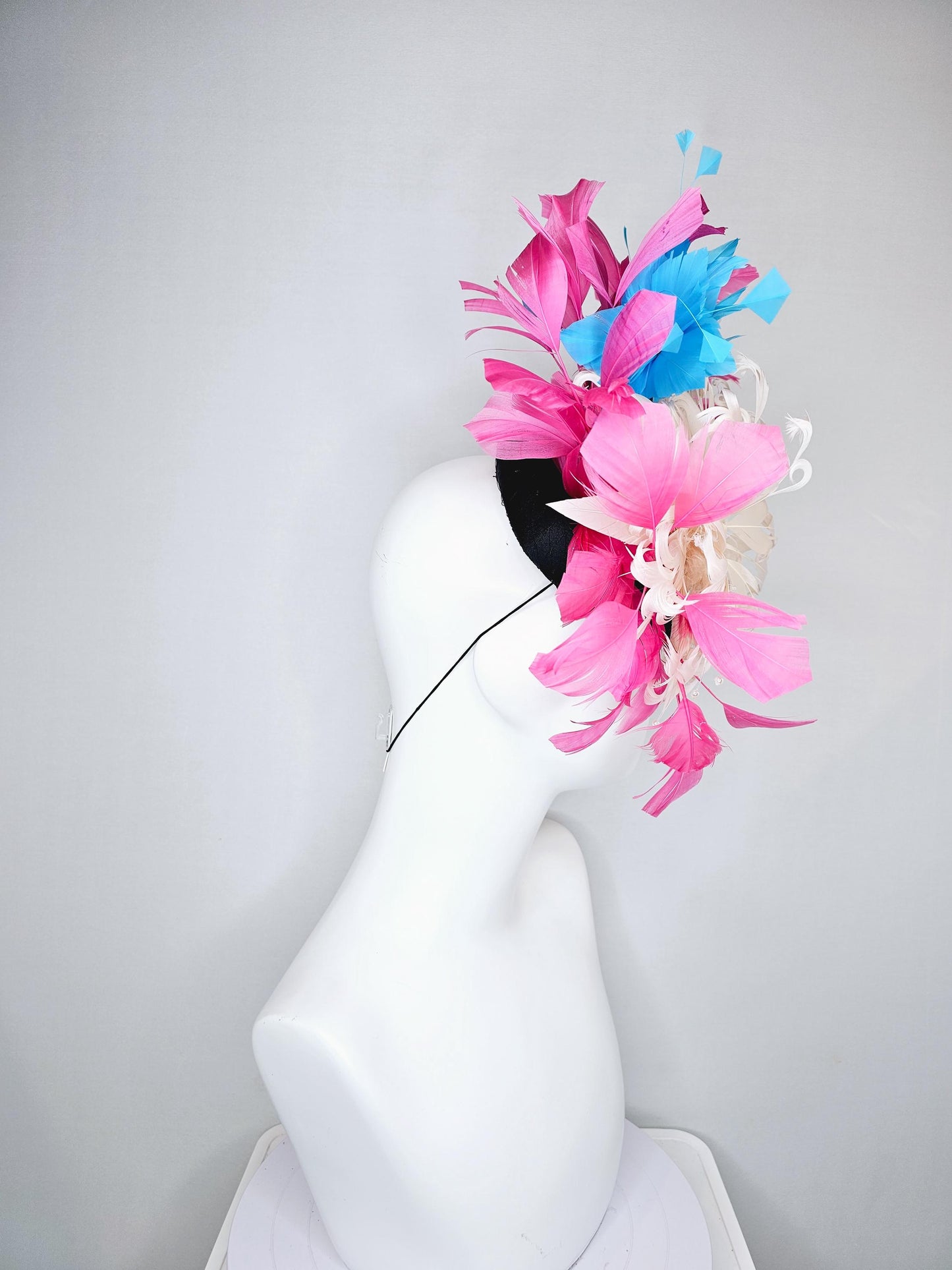 kentucky derby hat fascinator black satin with netting,ivory white curly feather flower w/ pearl strings,blue and pink branching feathers