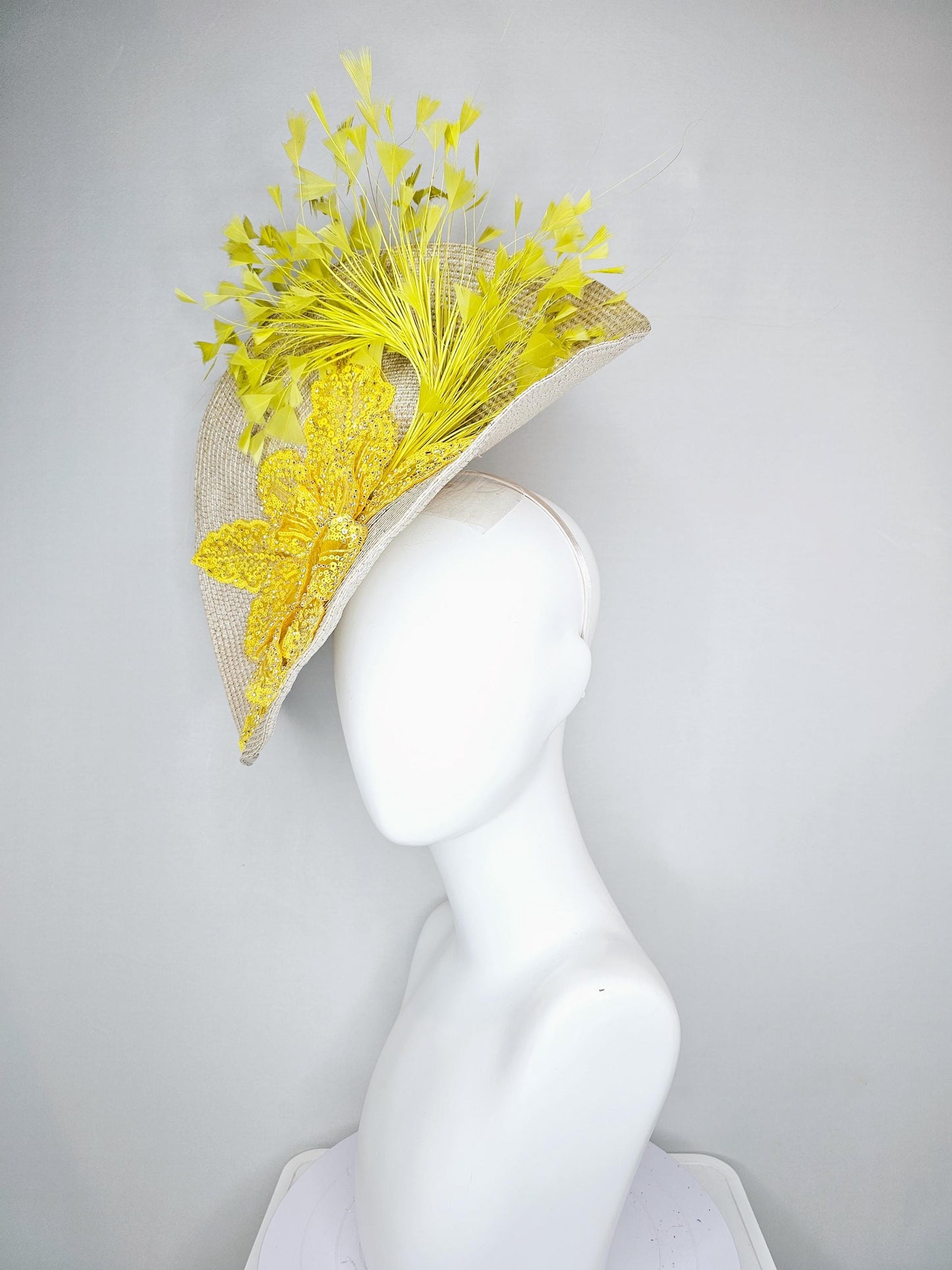 kentucky derby hat fascinator tan,beige,neutral straw saucer with bright yellow sequined floral embroidered and yellow branching feathers