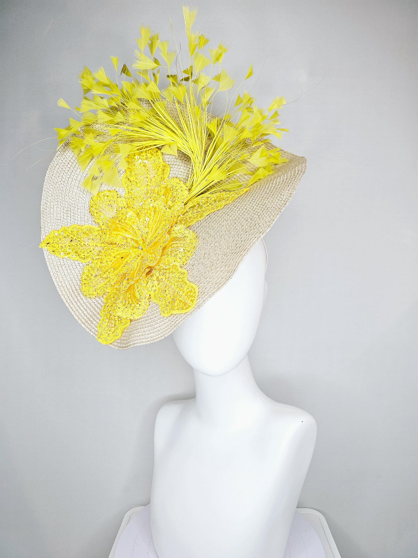 kentucky derby hat fascinator tan,beige,neutral straw saucer with bright yellow sequined floral embroidered and yellow branching feathers