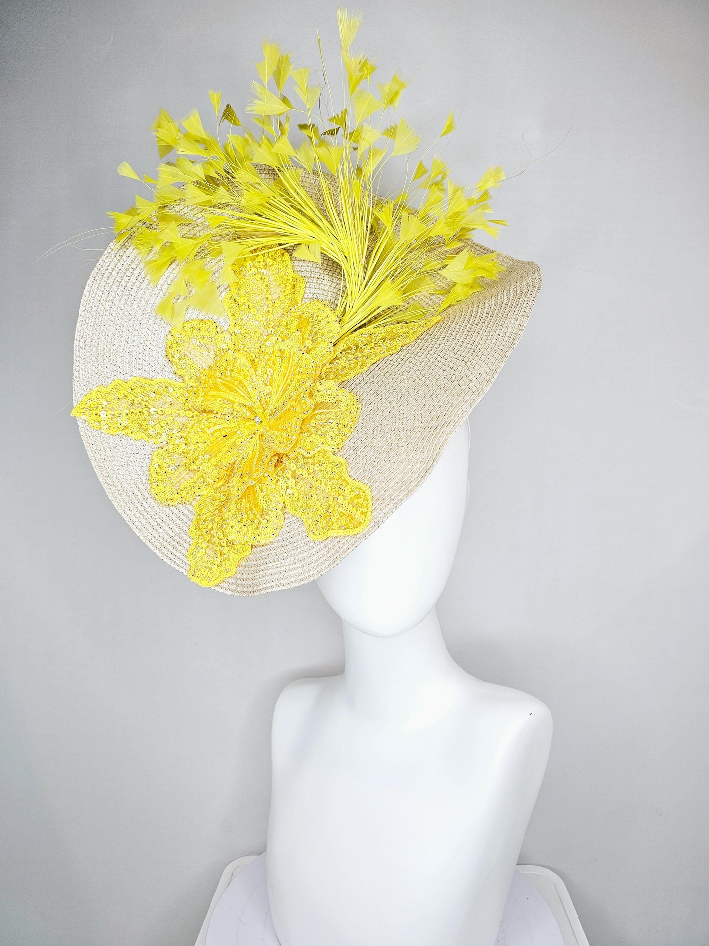 kentucky derby hat fascinator tan,beige,neutral straw saucer with bright yellow sequined floral embroidered and yellow branching feathers