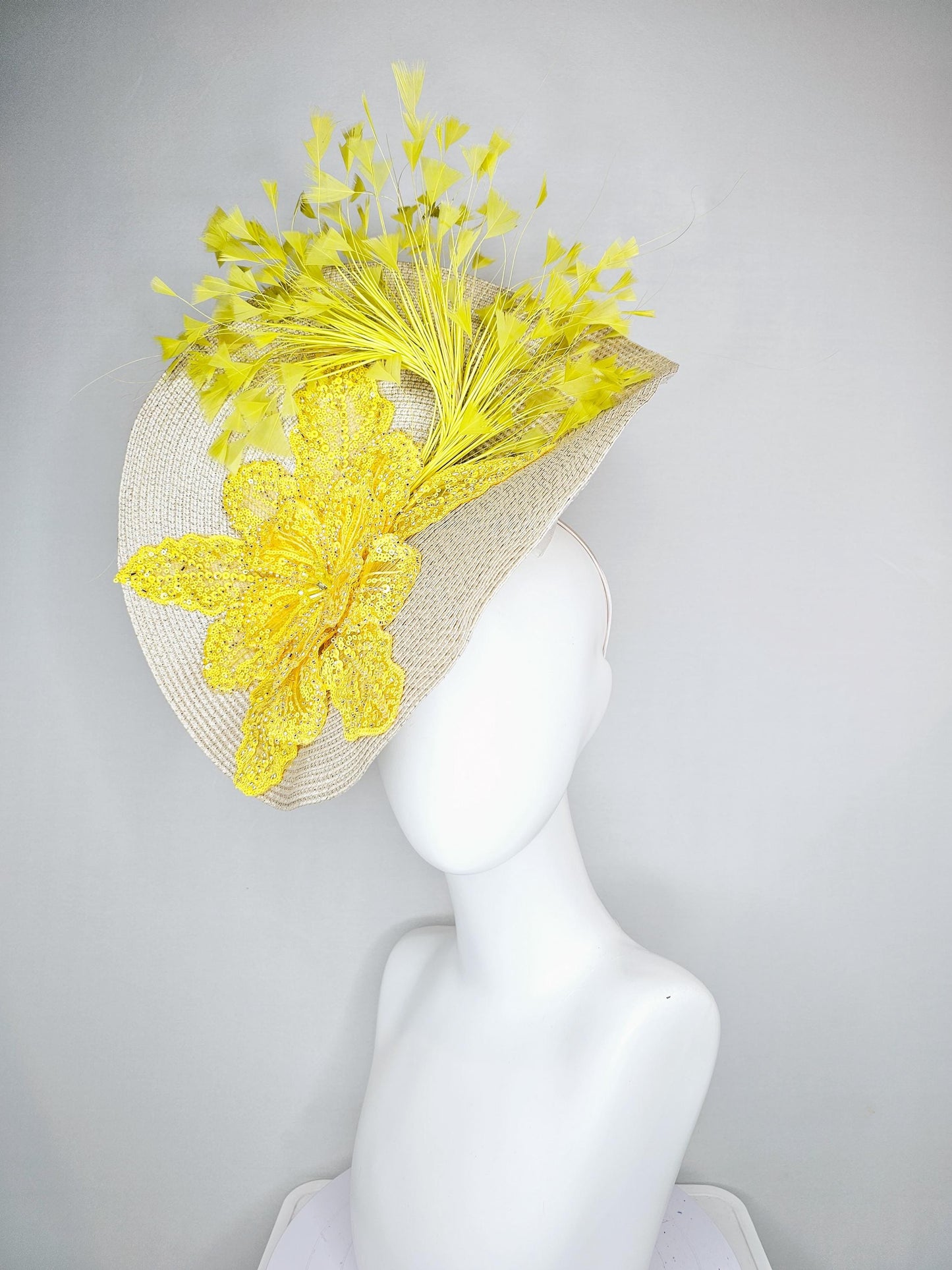 kentucky derby hat fascinator tan,beige,neutral straw saucer with bright yellow sequined floral embroidered and yellow branching feathers