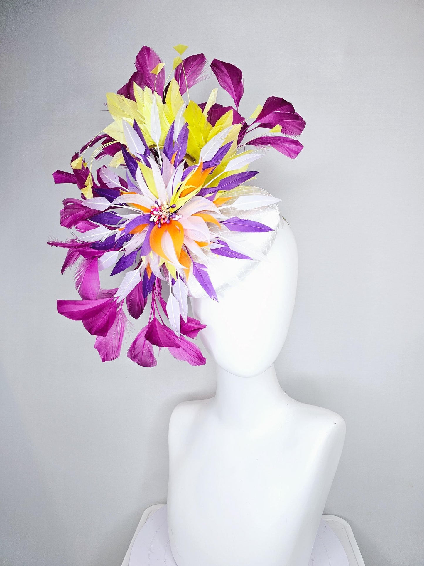 kentucky derby hat fascinator white satin with netting, orange yellow white purple feather flower, yellow purple magenta branching feathers