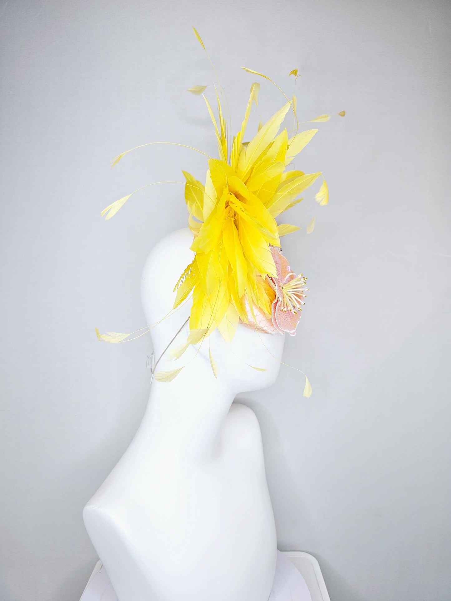 kentucky derby hat fascinator champagne satin with netting,light pink iridescent sequin floral embroidery,beaded flowers,yellow feathers
