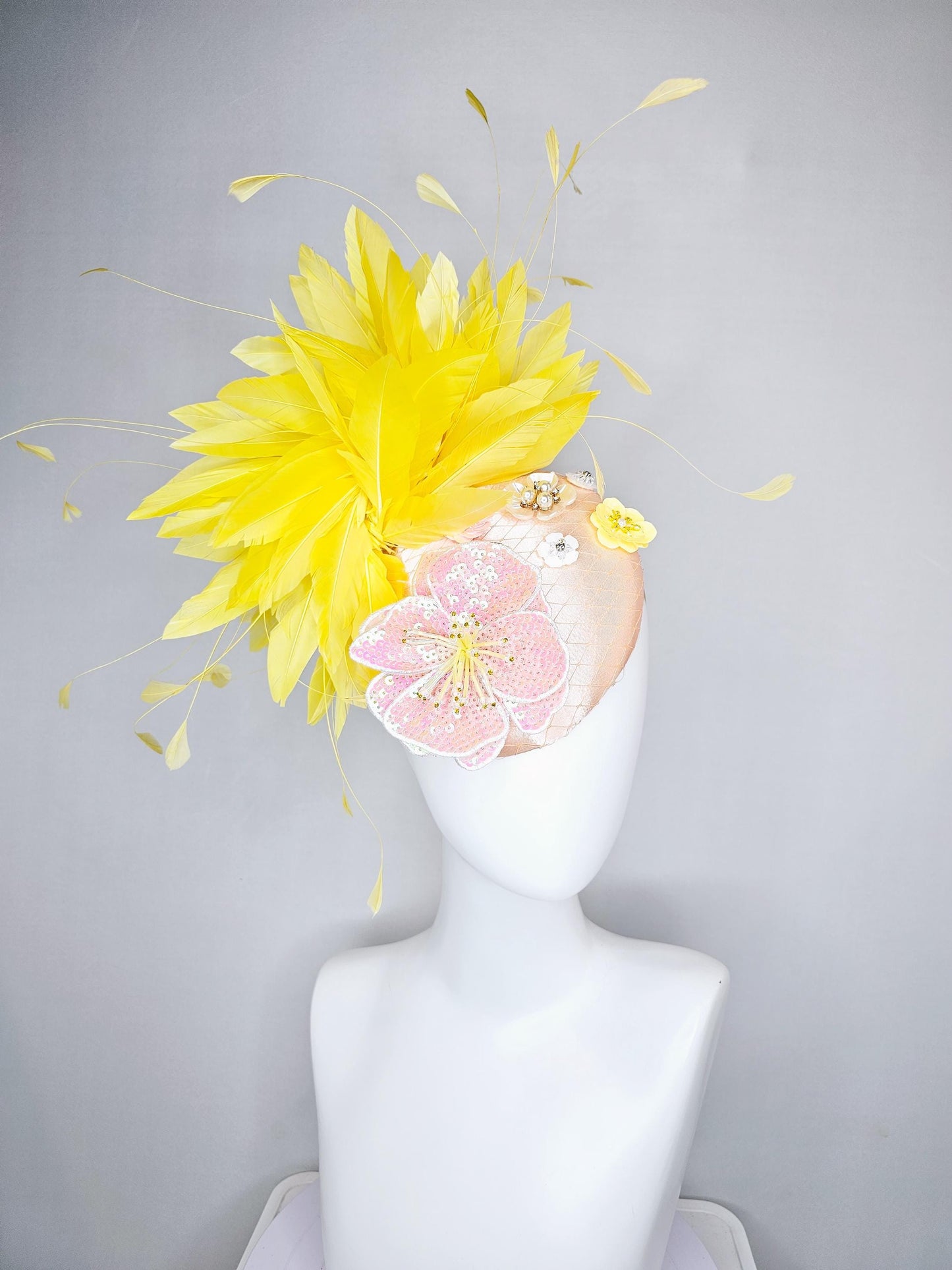 kentucky derby hat fascinator champagne satin with netting,light pink iridescent sequin floral embroidery,beaded flowers,yellow feathers