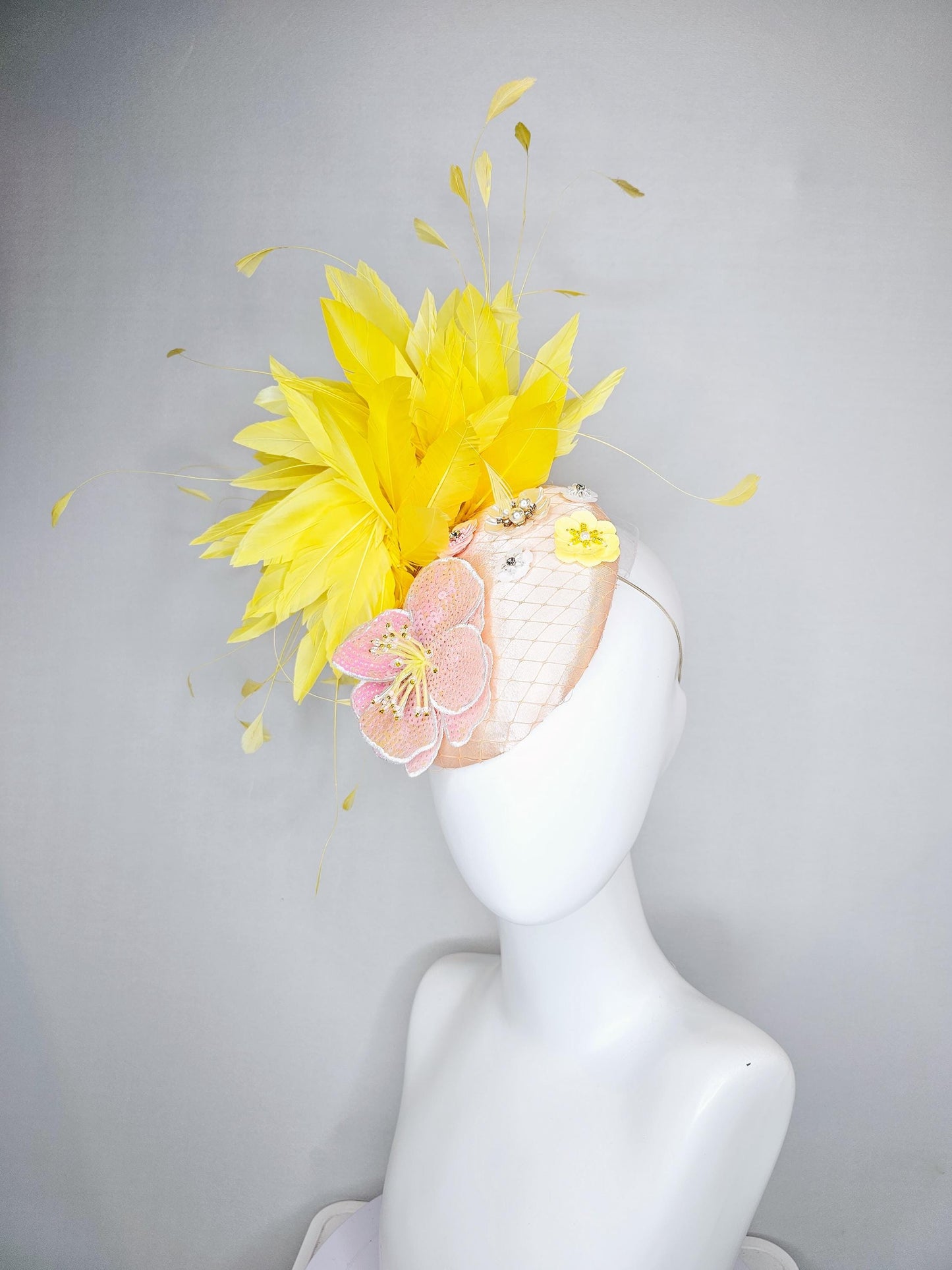 kentucky derby hat fascinator champagne satin with netting,light pink iridescent sequin floral embroidery,beaded flowers,yellow feathers