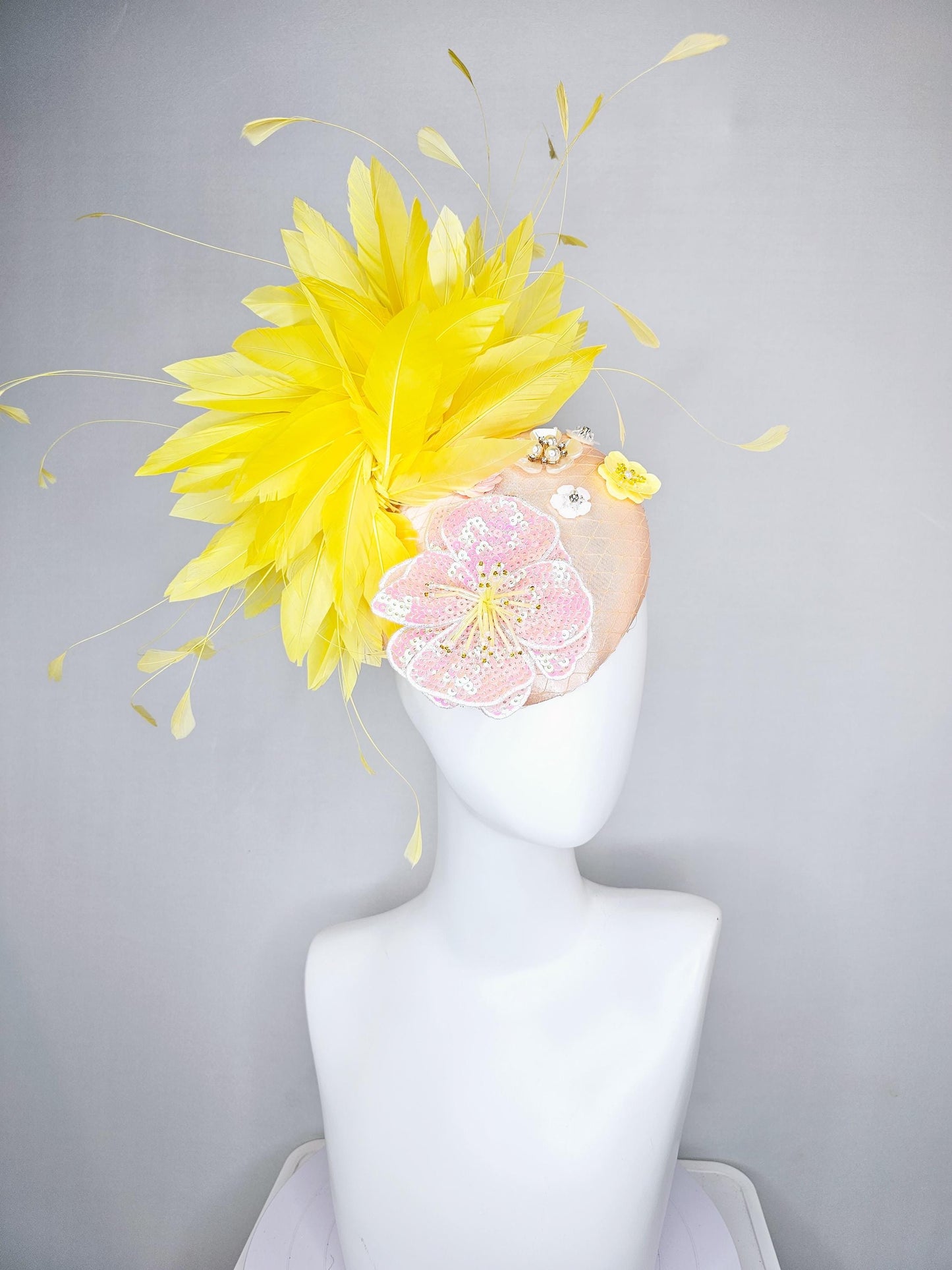 kentucky derby hat fascinator champagne satin with netting,light pink iridescent sequin floral embroidery,beaded flowers,yellow feathers