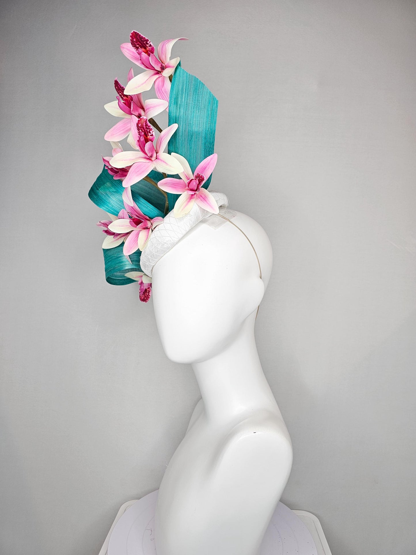 kentucky derby hat fascinator white satin with netting,with branching ombre pink orchids and turquoise blue silk