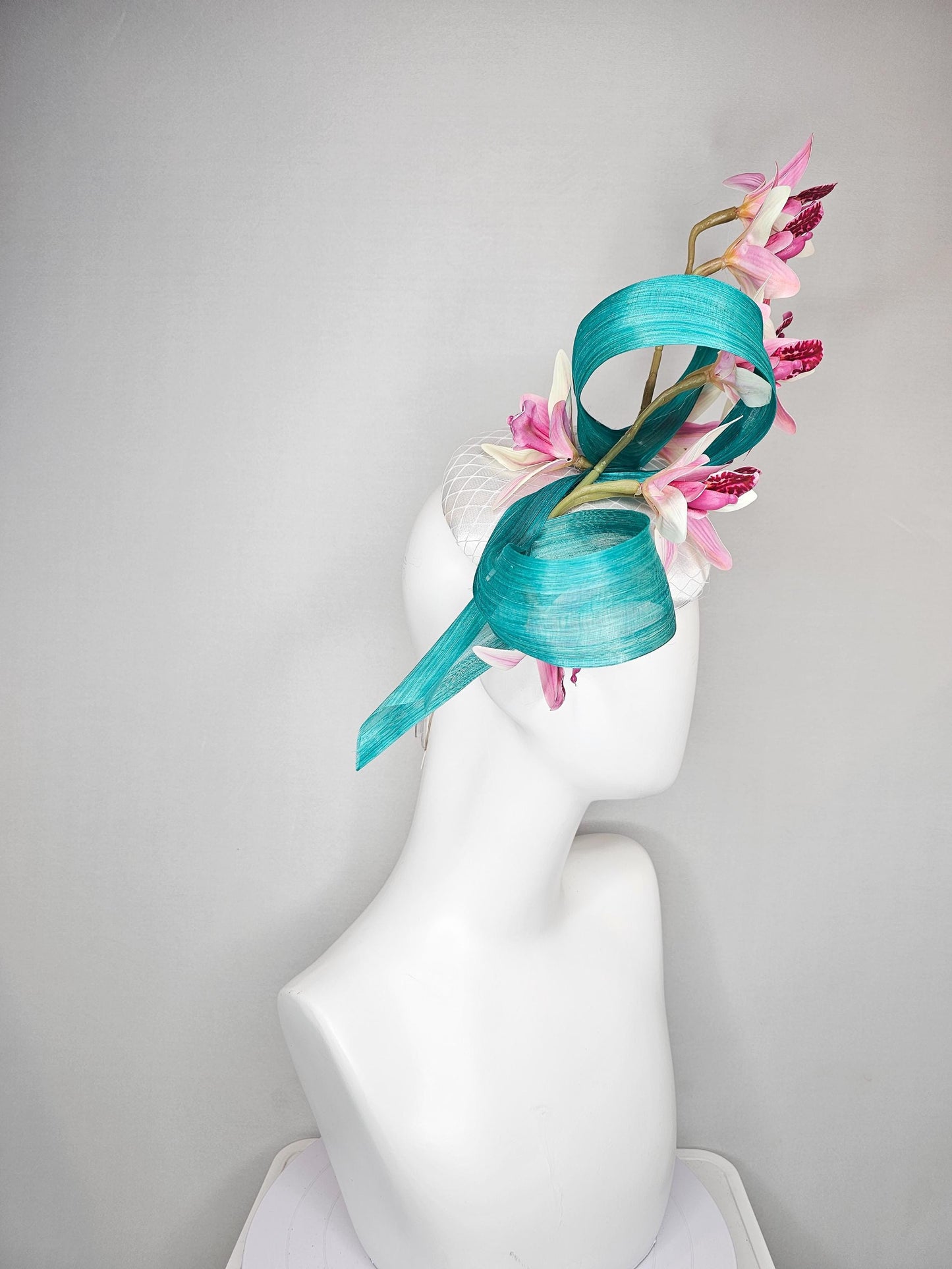 kentucky derby hat fascinator white satin with netting,with branching ombre pink orchids and turquoise blue silk