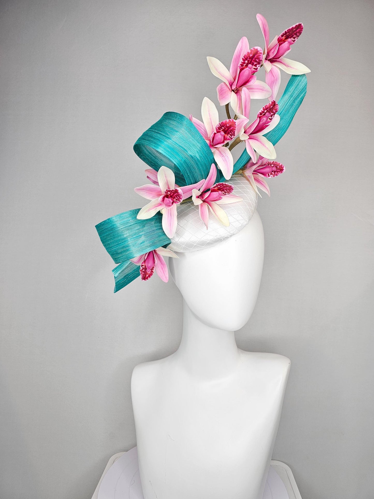kentucky derby hat fascinator white satin with netting,with branching ombre pink orchids and turquoise blue silk