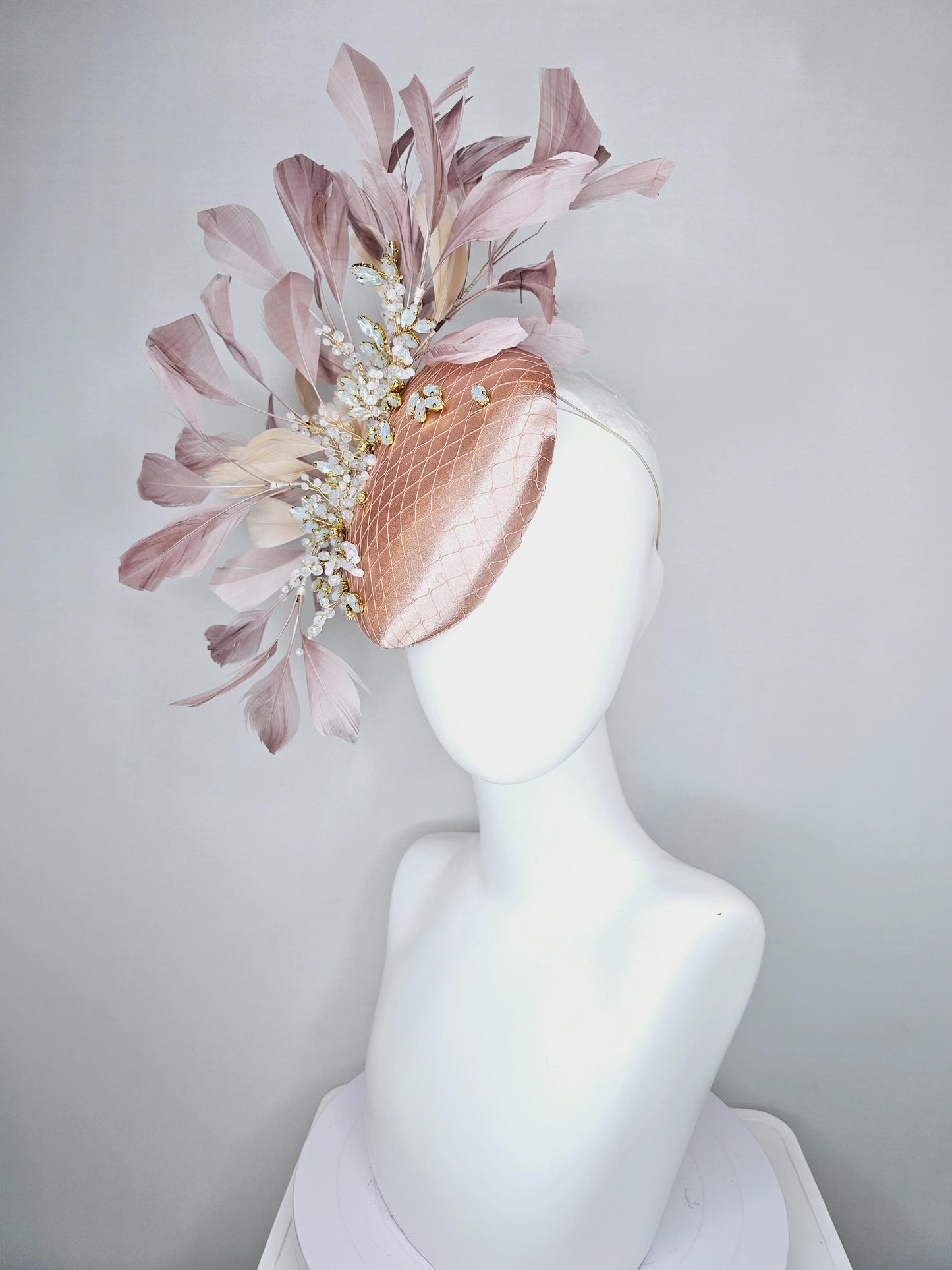 kentucky derby hat fascinator light pink champagne satin w/ netting and white crystal beaded jewels stems,mauve taupe neutral beige feathers