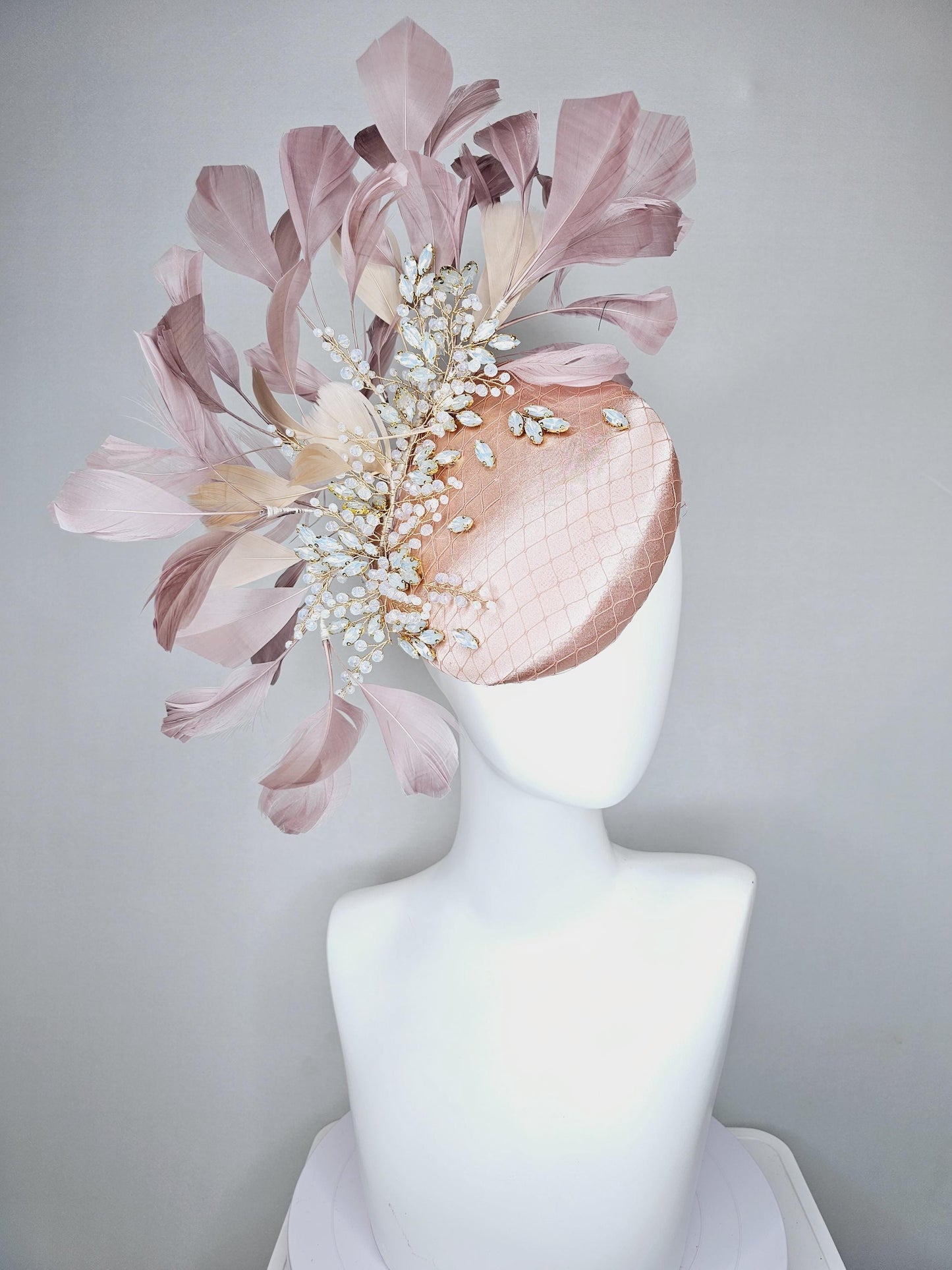 kentucky derby hat fascinator light pink champagne satin w/ netting and white crystal beaded jewels stems,mauve taupe neutral beige feathers